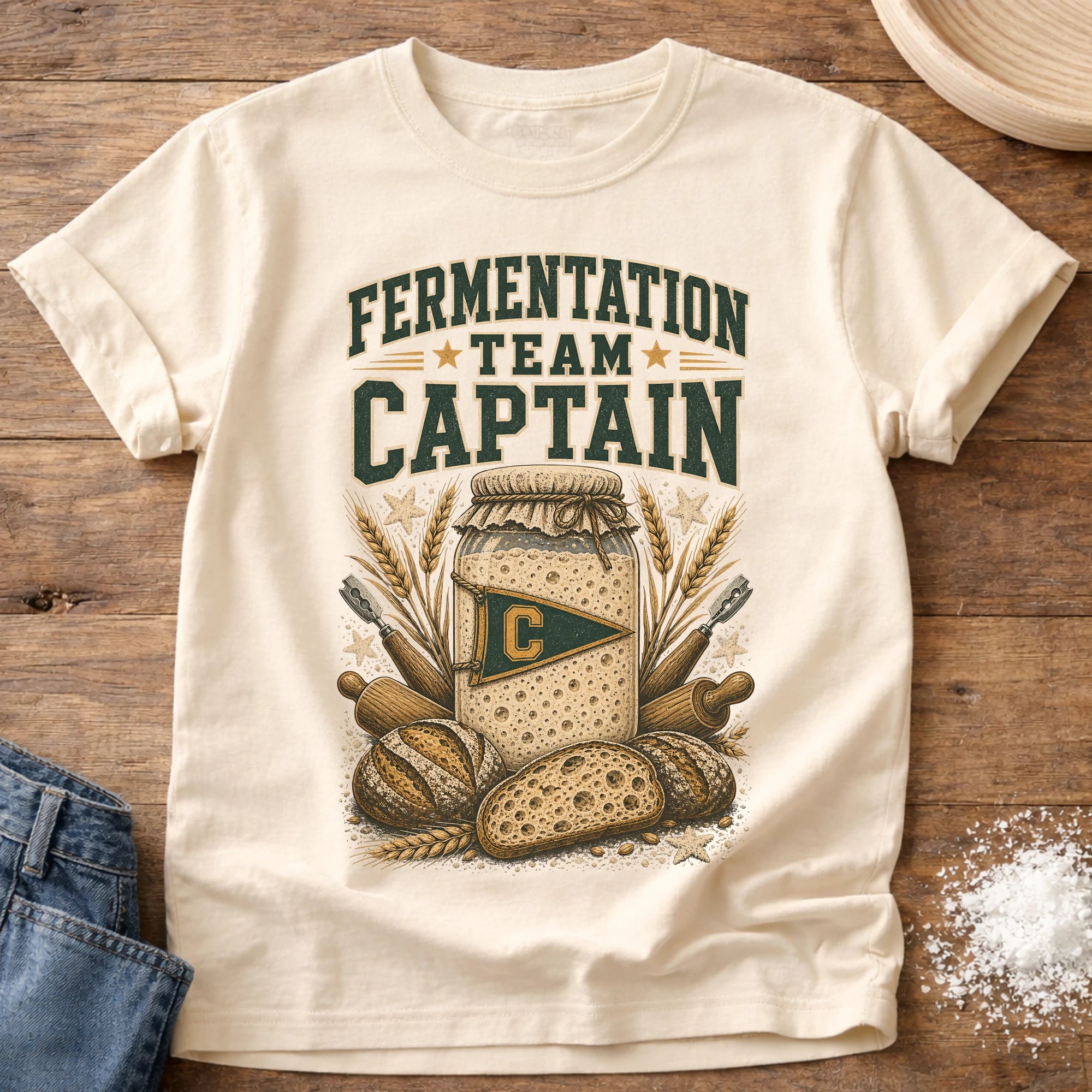 Knead More Fun Fermentation Team Captain sourdough t-shirt in Ivory