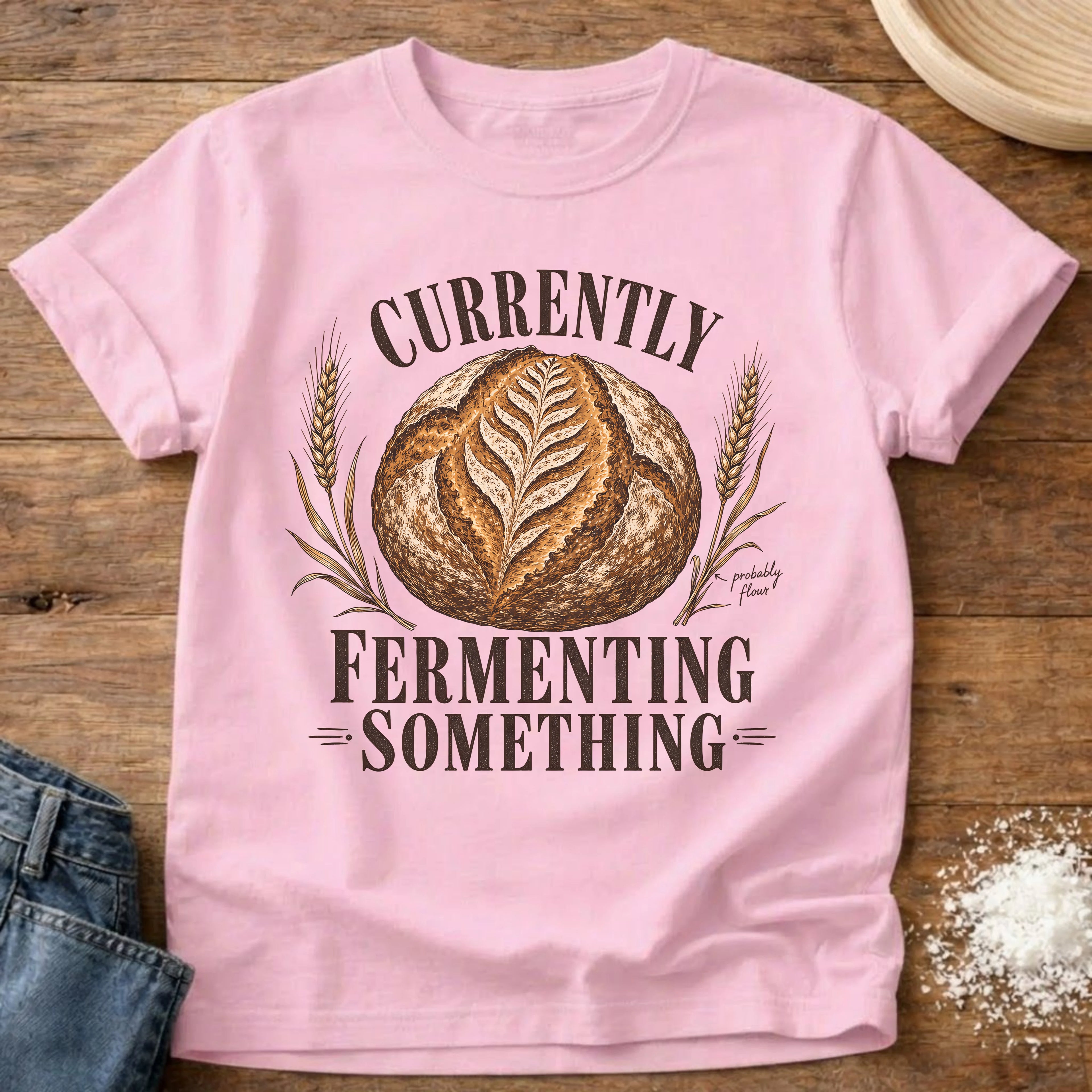 Knead More Fun Currently Fermenting Something sourdough t-shirt in Blossom
