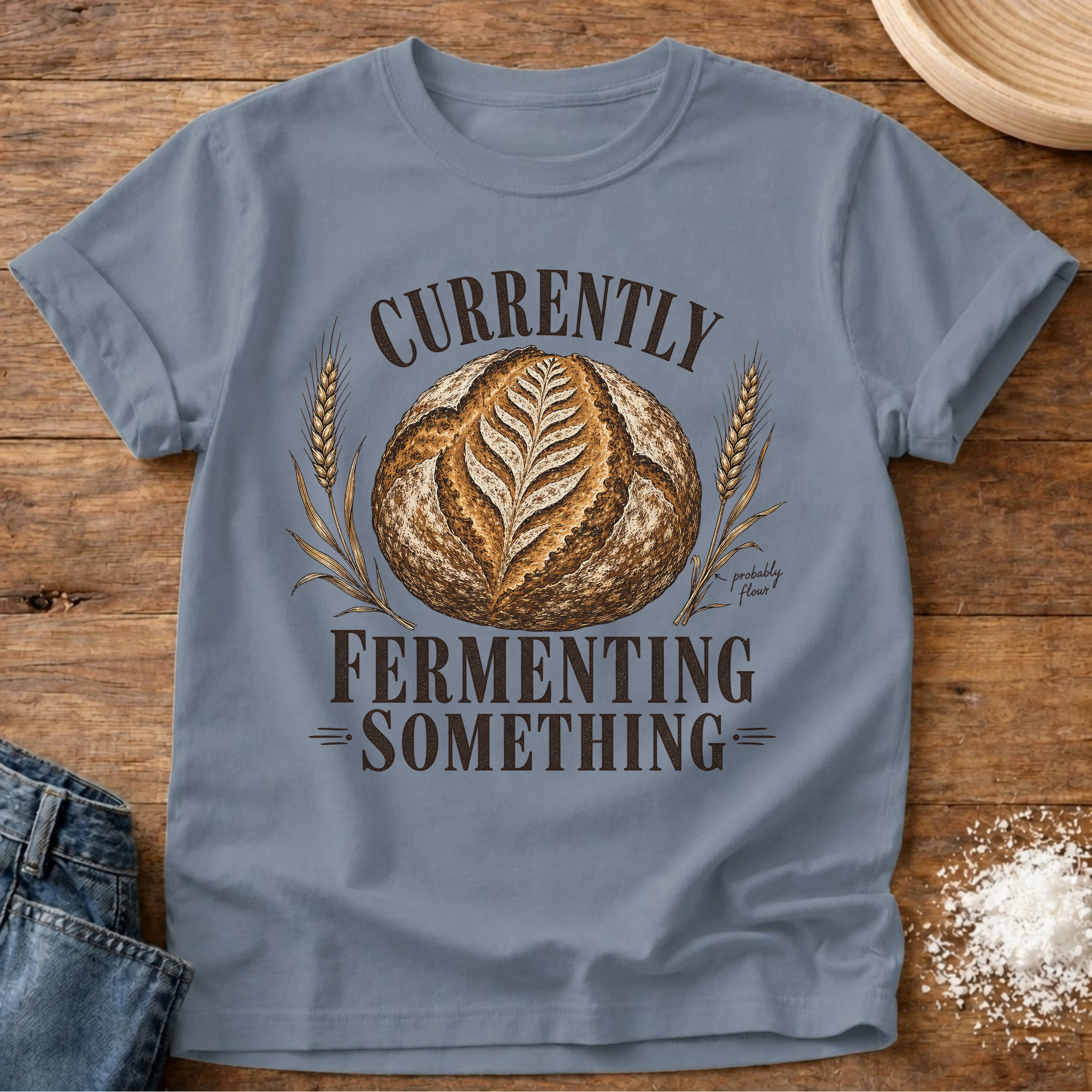 Knead More Fun Currently Fermenting Something sourdough t-shirt in Blue Jean