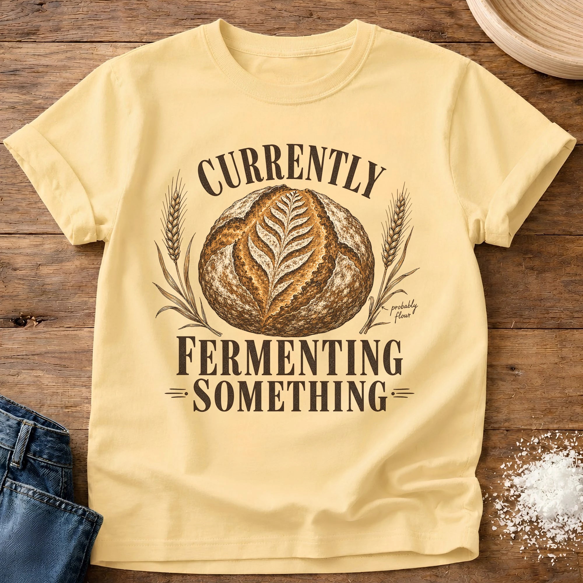 Knead More Fun Currently Fermenting Something sourdough t-shirt in Butter