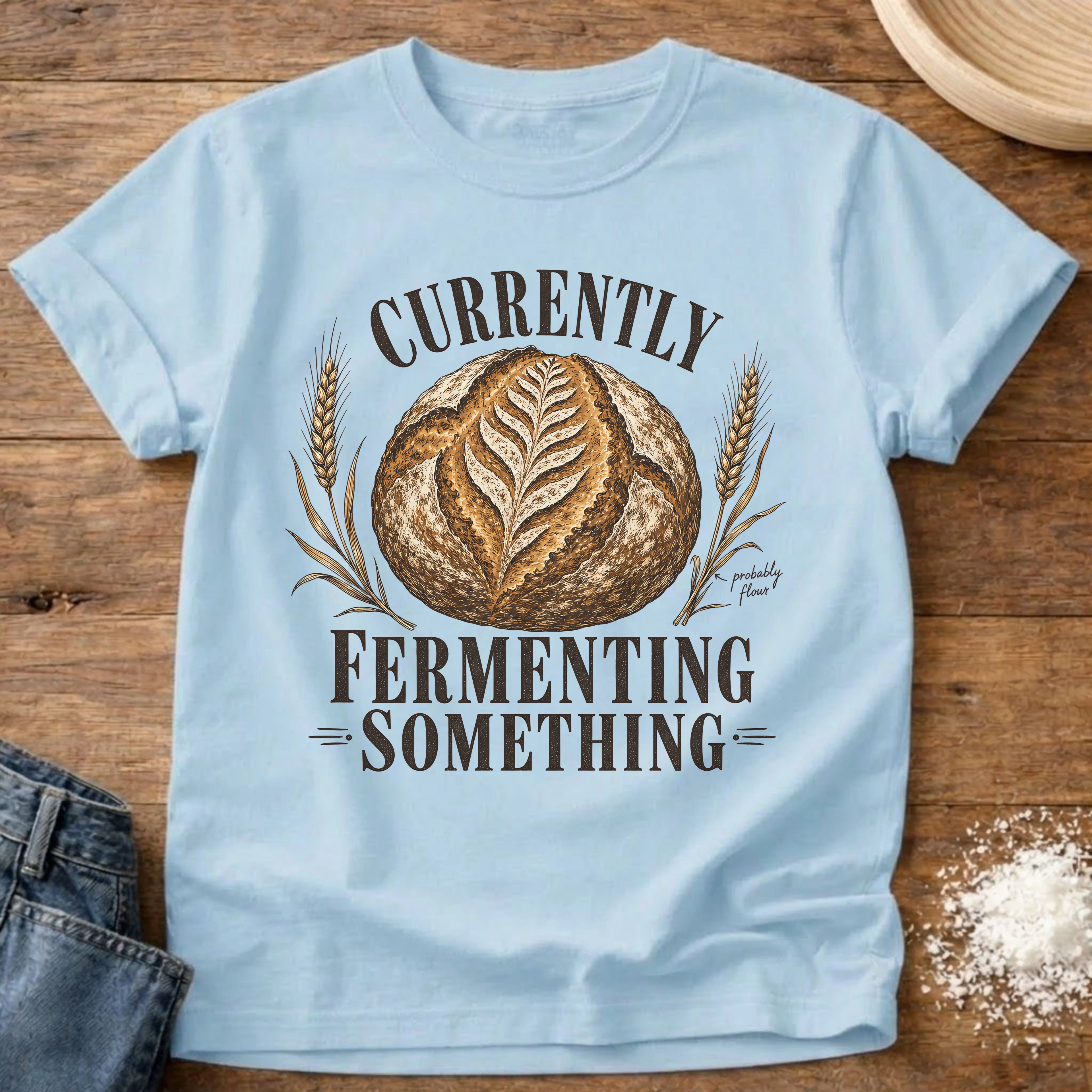 Knead More Fun Currently Fermenting Something sourdough t-shirt in Chambray