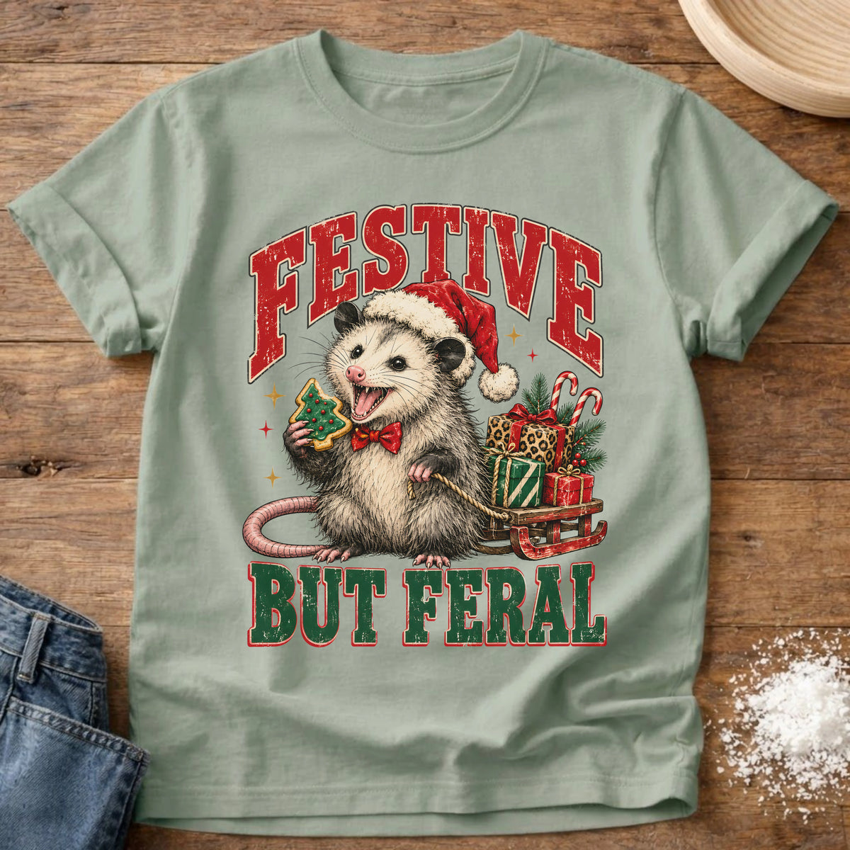 Knead More Fun Festive But Feral Christmas opossum t-shirt in Bay