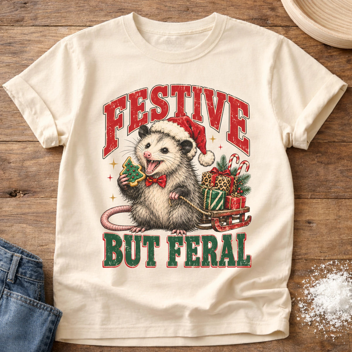 Knead More Fun Festive But Feral Christmas opossum t-shirt in Ivory