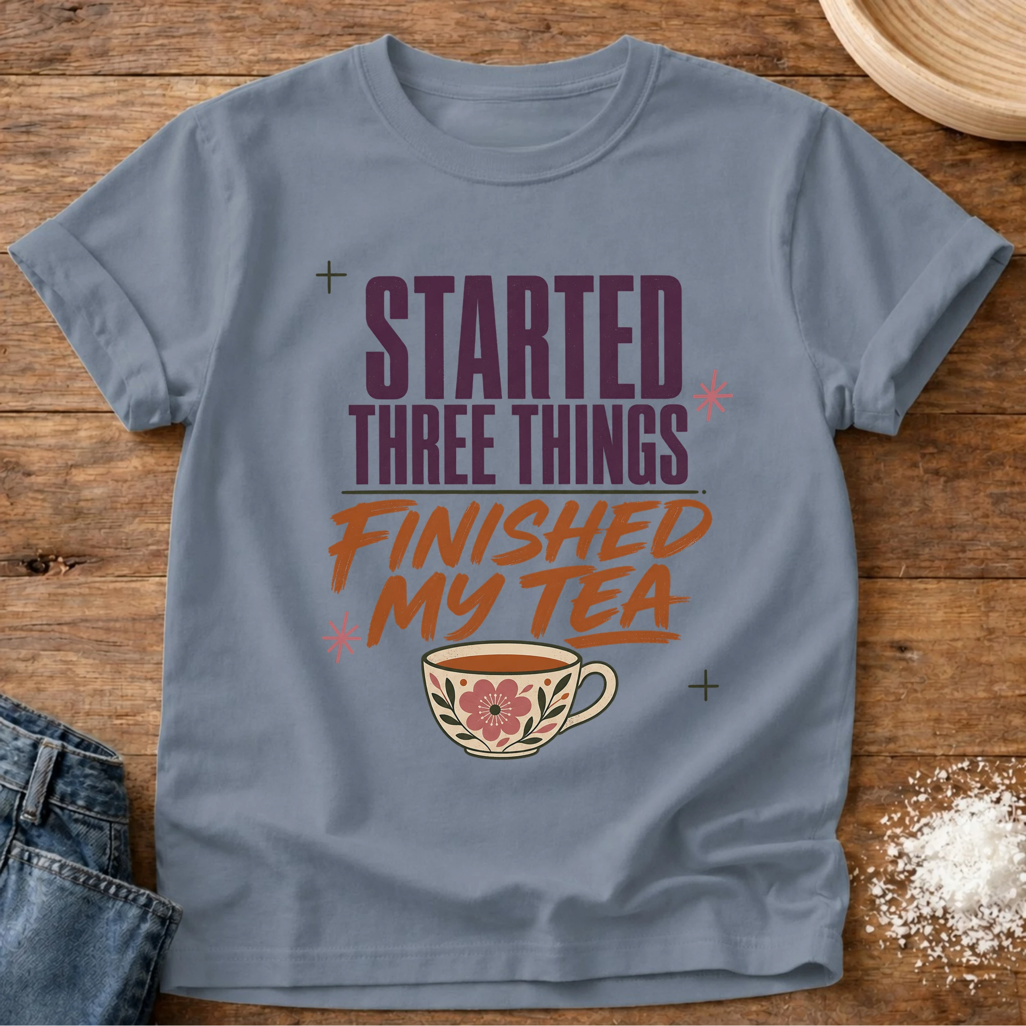 Knead More Fun finished tea homebody t-shirt in Blue Jean