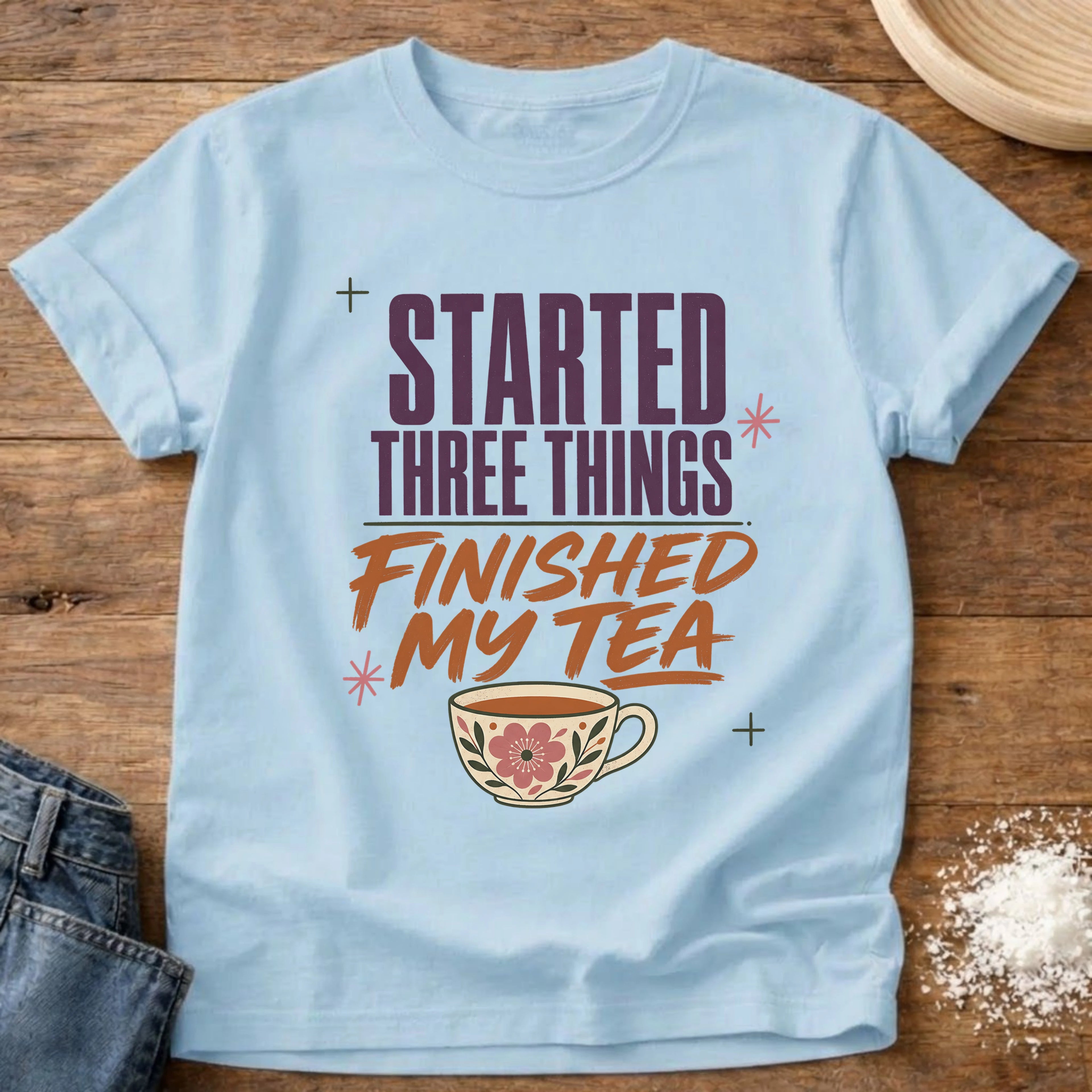 Knead More Fun finished tea homebody t-shirt in Chambray