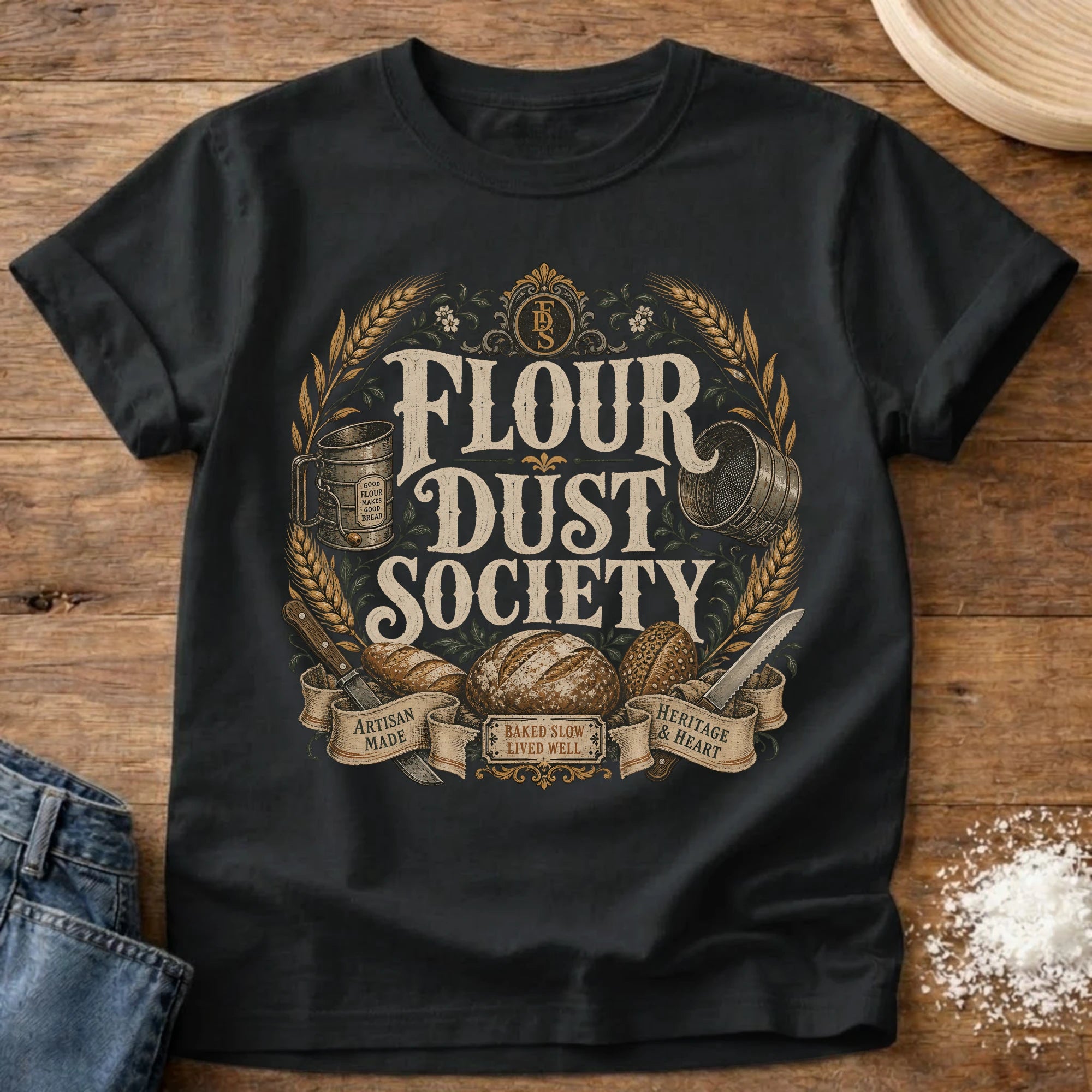 Knead More Fun Flour Dust Society sourdough t-shirt in Black