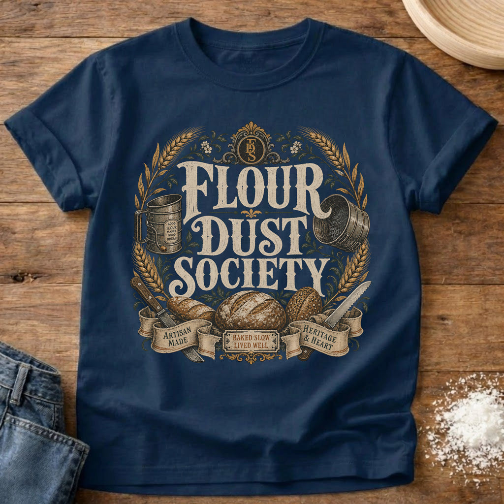 Knead More Fun Flour Dust Society sourdough t-shirt in Navy
