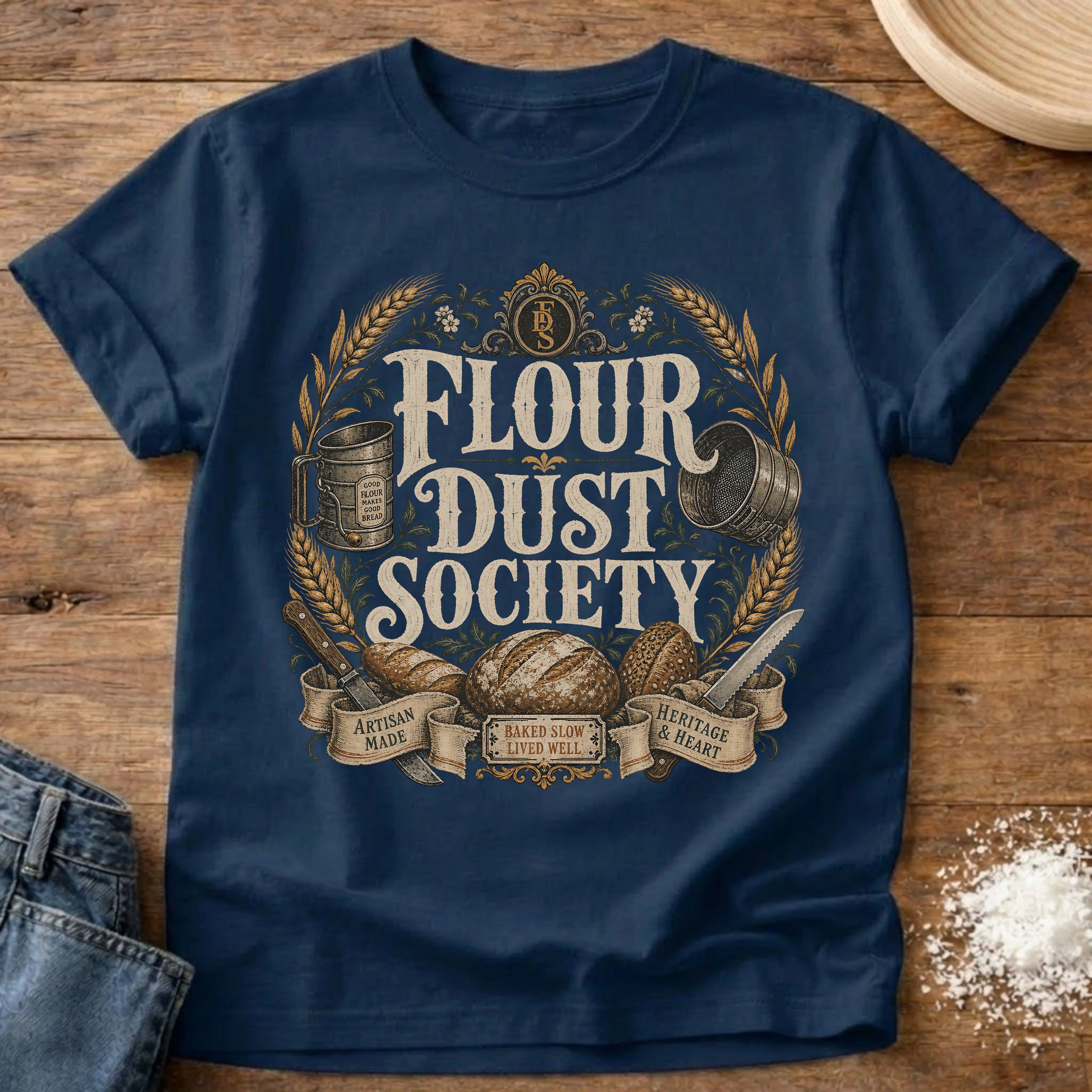 Knead More Fun Flour Dust Society sourdough t-shirt in Navy