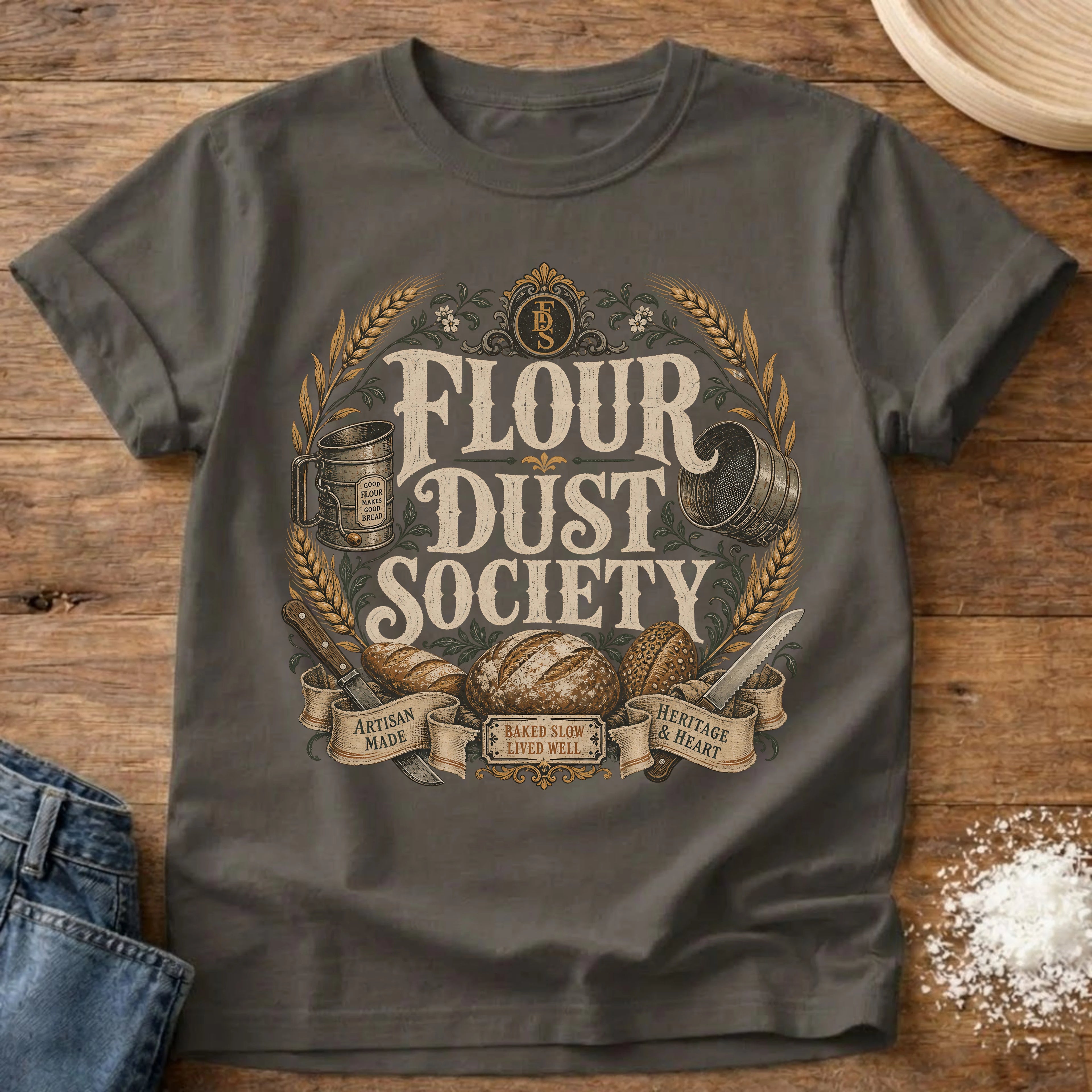 Knead More Fun Flour Dust Society sourdough t-shirt in Pepper