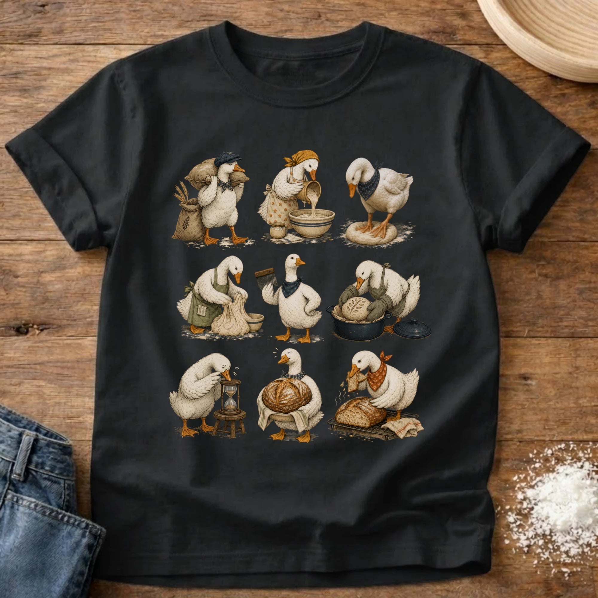 Knead More Fun Flour to Finish Goose sourdough t-shirt in Black