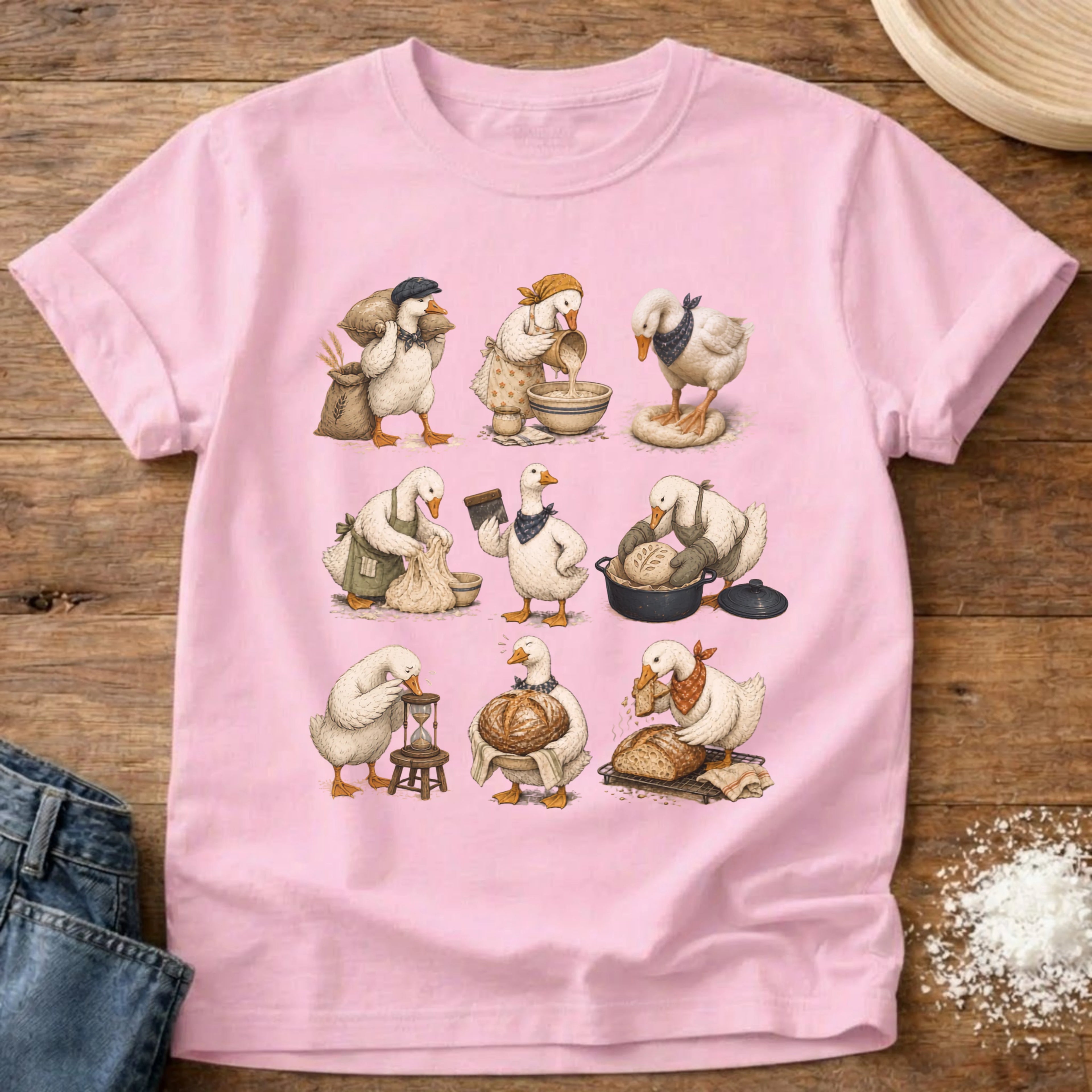 Knead More Fun Flour to Finish Goose sourdough t-shirt in Blossom