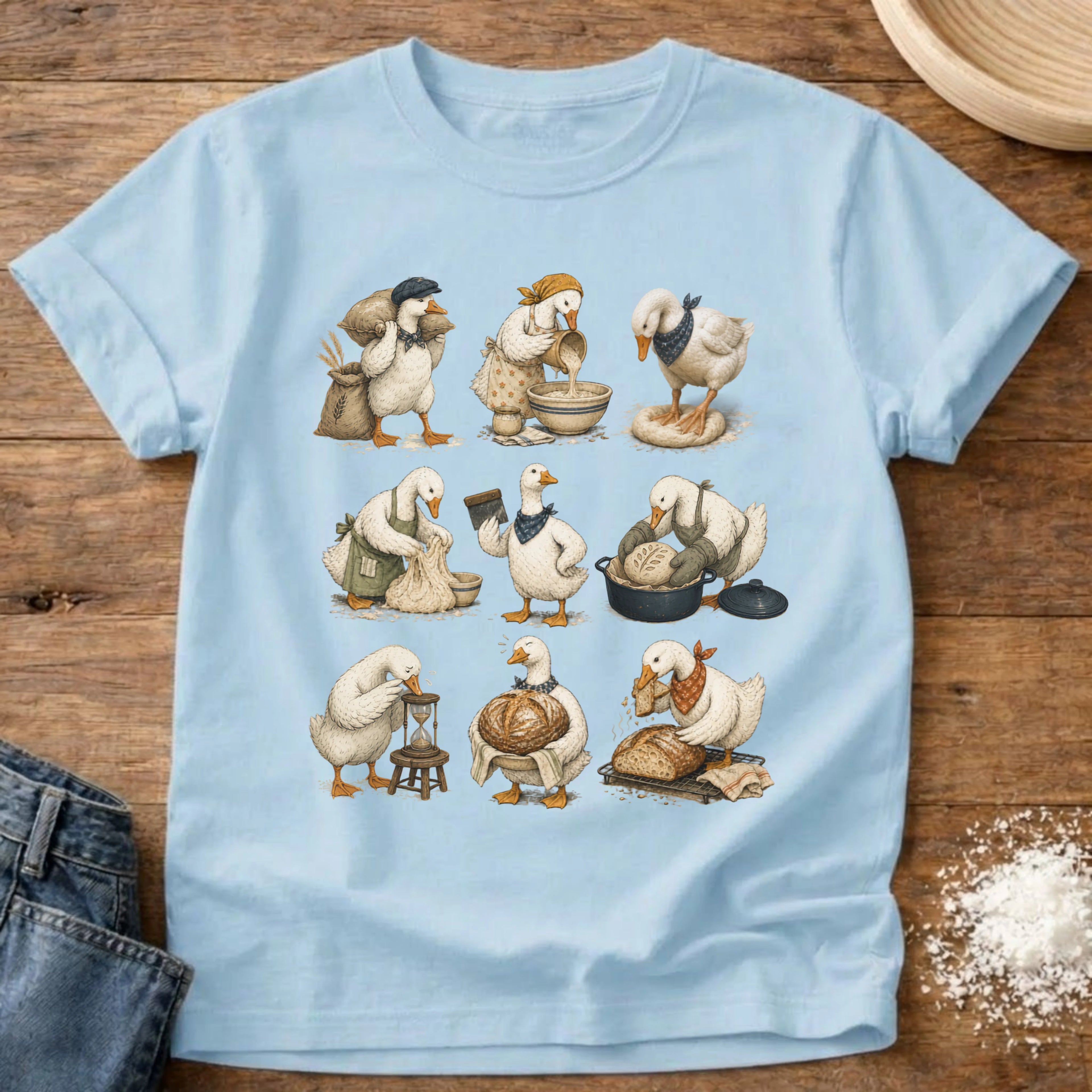 Knead More Fun Flour to Finish Goose sourdough t-shirt in Chambray