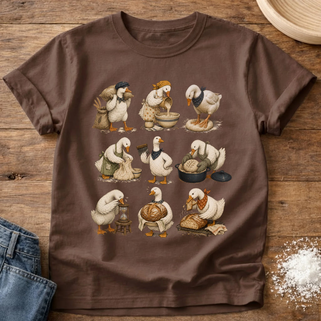 Knead More Fun Flour to Finish Goose sourdough t-shirt in Espresso