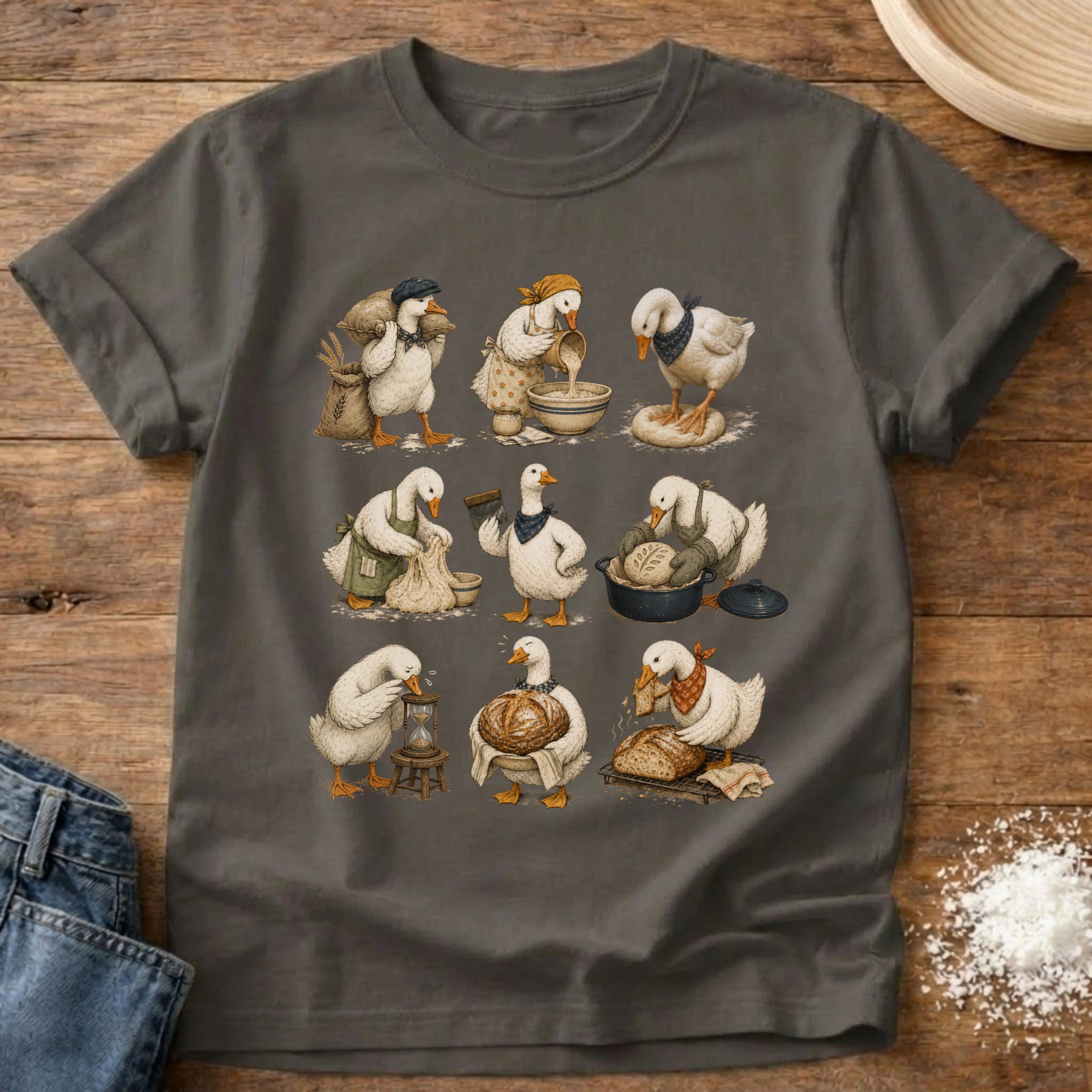 Knead More Fun Flour to Finish Goose sourdough t-shirt in Pepper
