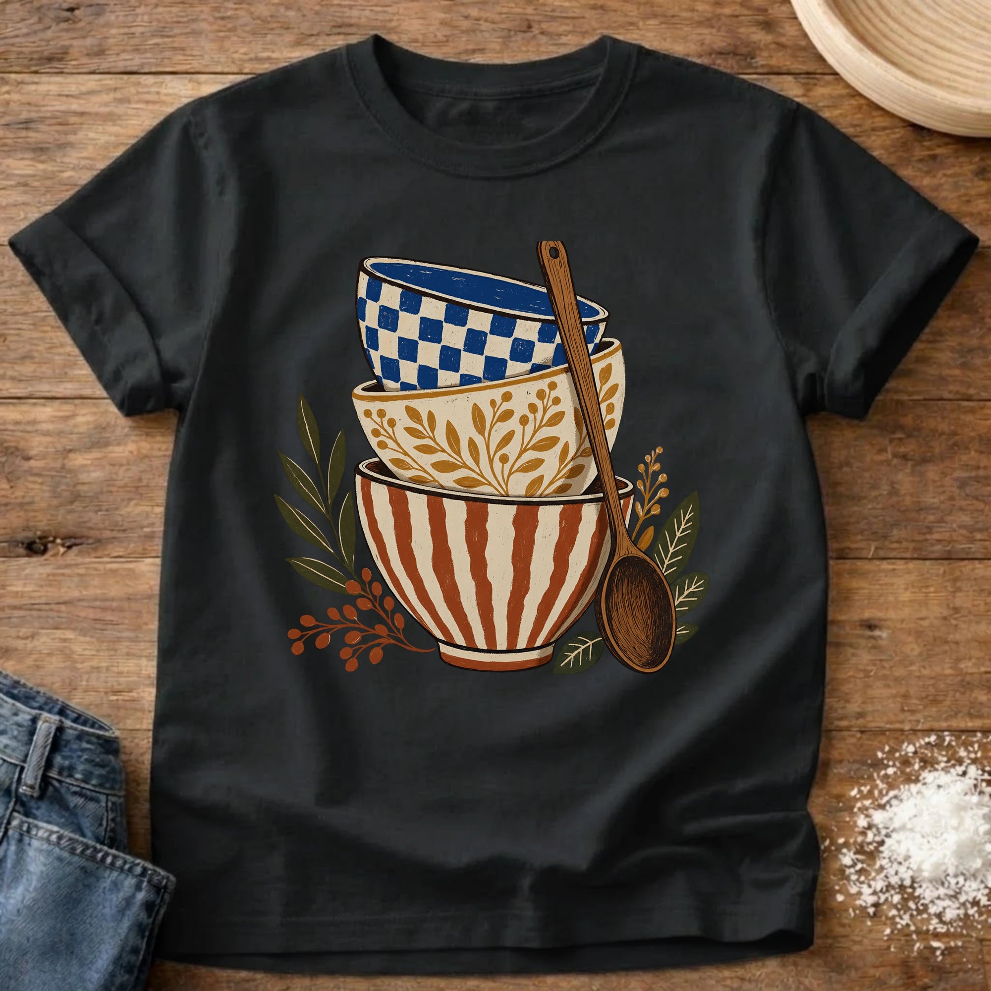Knead More Fun folk art ceramic bowls kitchen t-shirt in Black