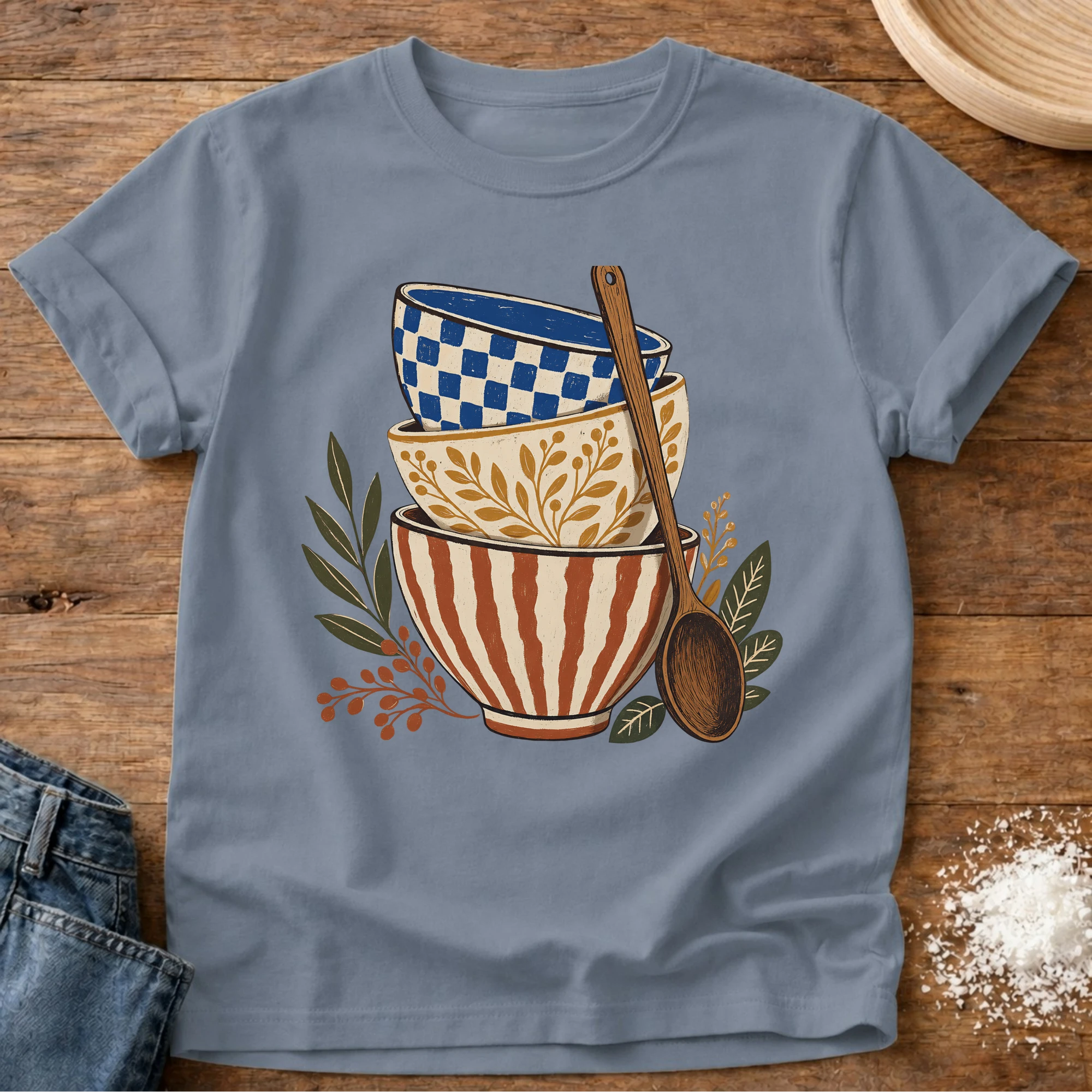 Knead More Fun folk art ceramic bowls kitchen t-shirt in Blue Jean