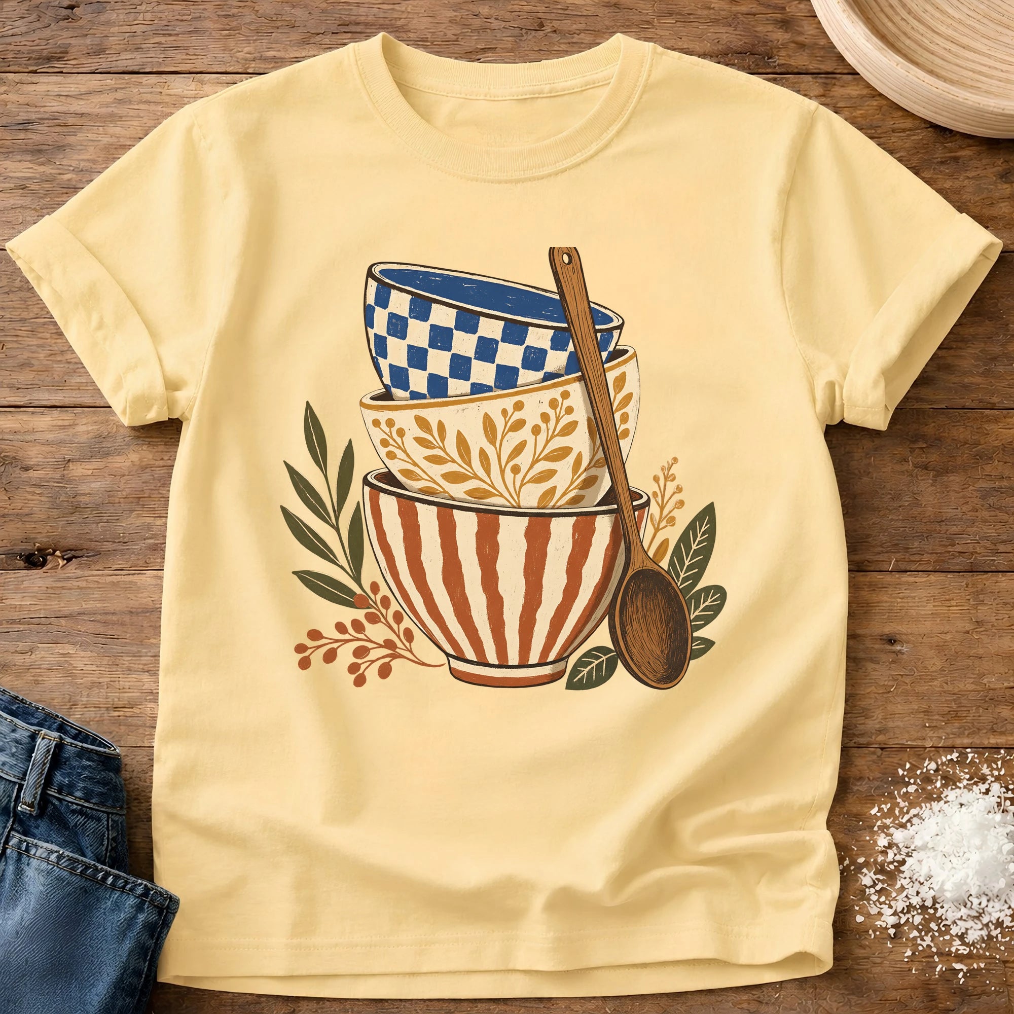 Knead More Fun folk art ceramic bowls kitchen t-shirt in Butter