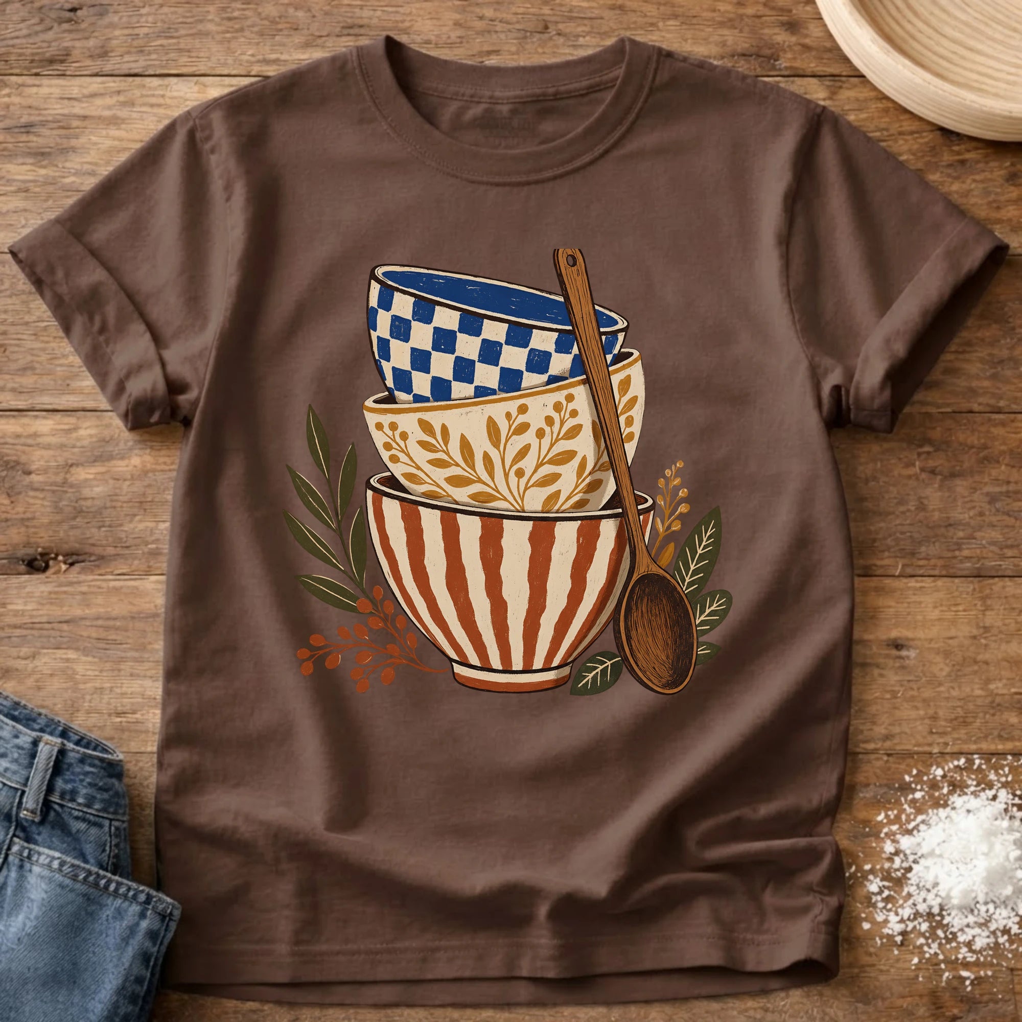 Knead More Fun folk art ceramic bowls kitchen t-shirt in Espresso