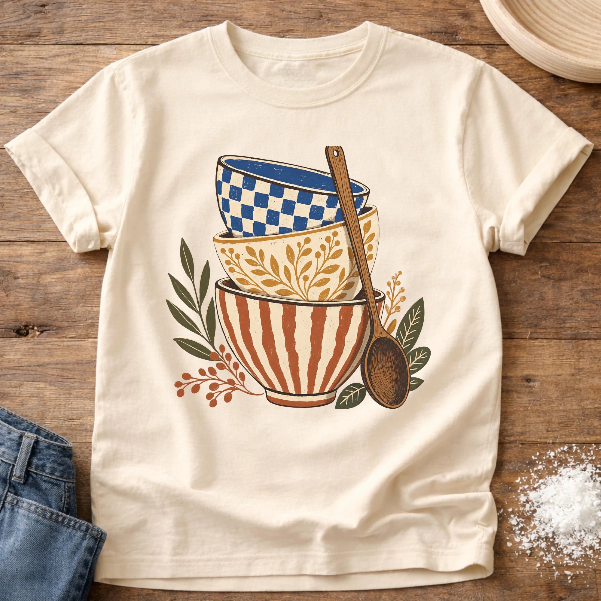 Knead More Fun folk art ceramic bowls kitchen t-shirt in Ivory