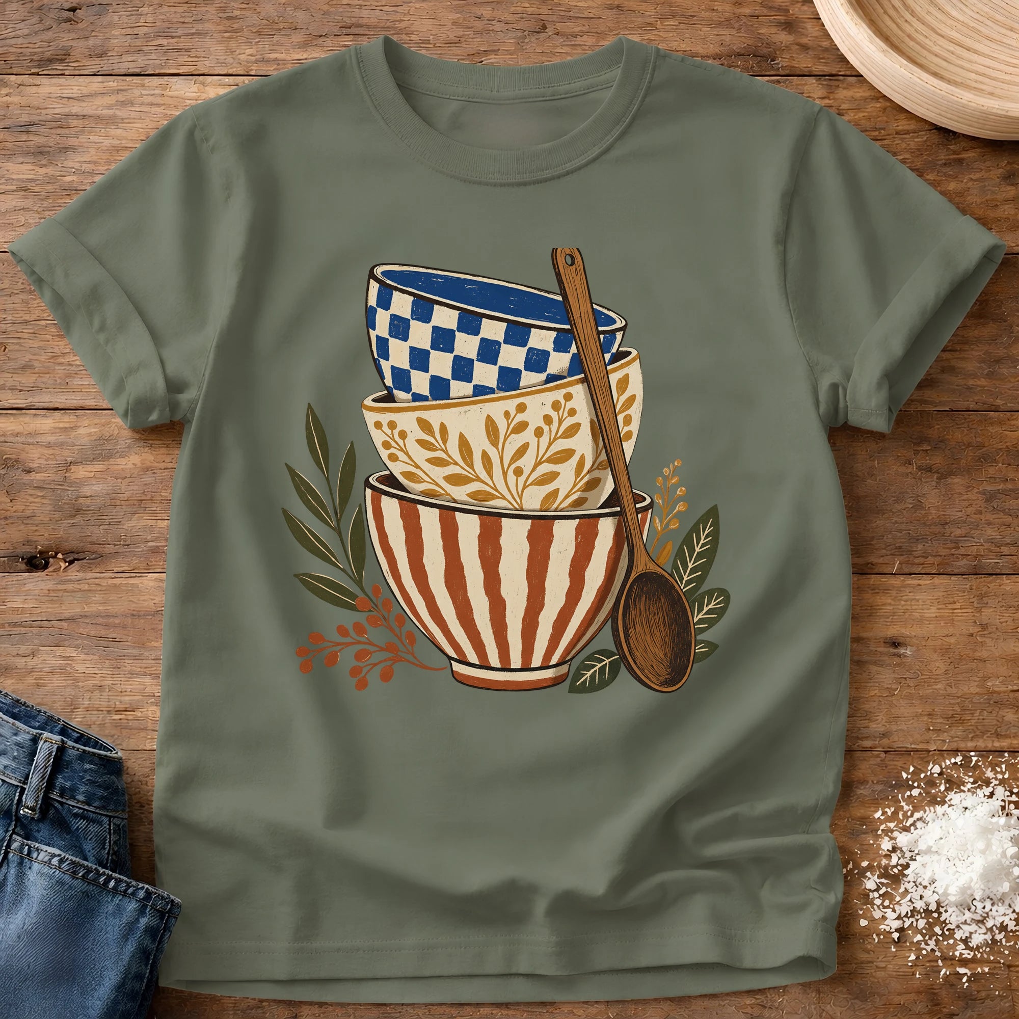 Knead More Fun folk art ceramic bowls kitchen t-shirt in Moss