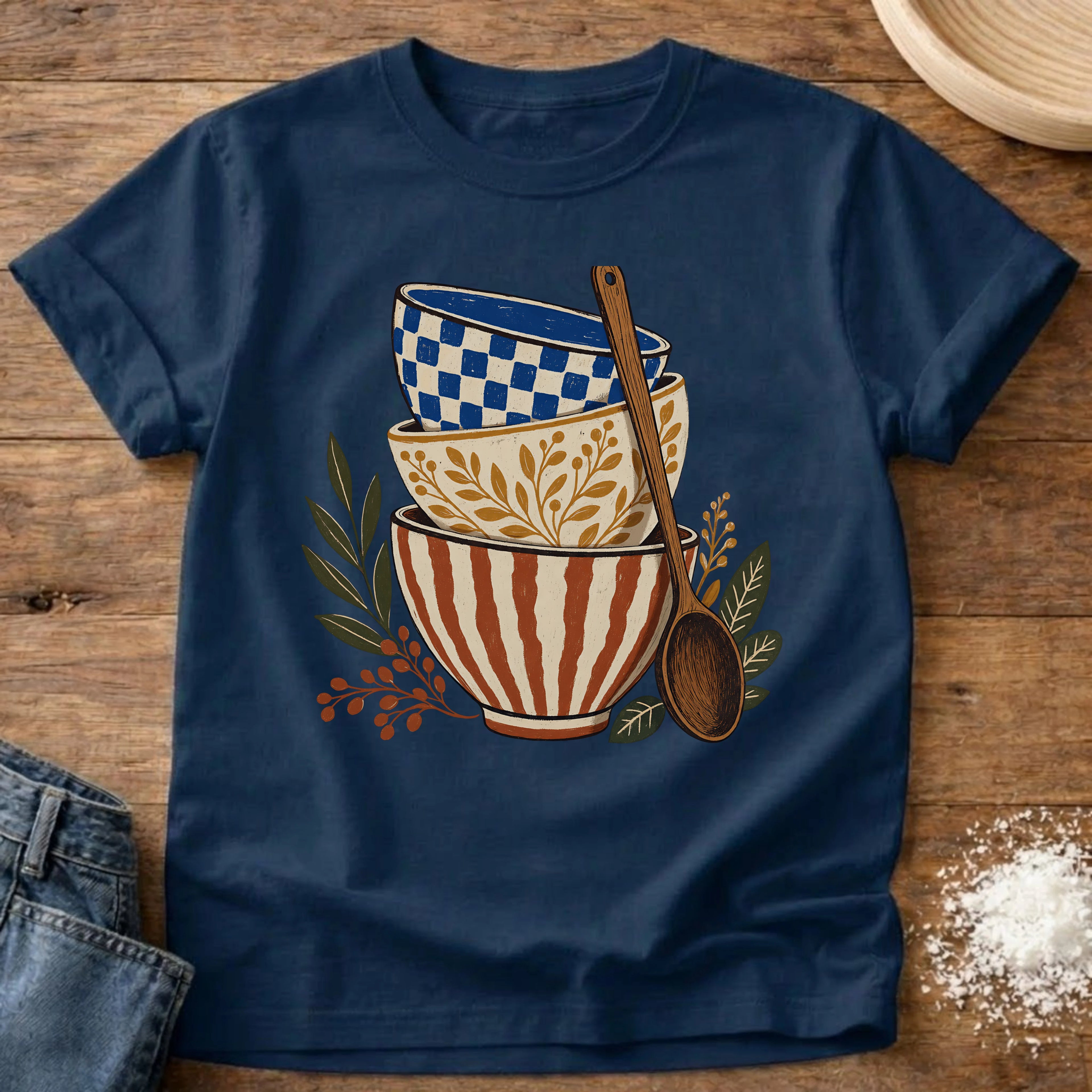 Knead More Fun folk art ceramic bowls kitchen t-shirt in Navy