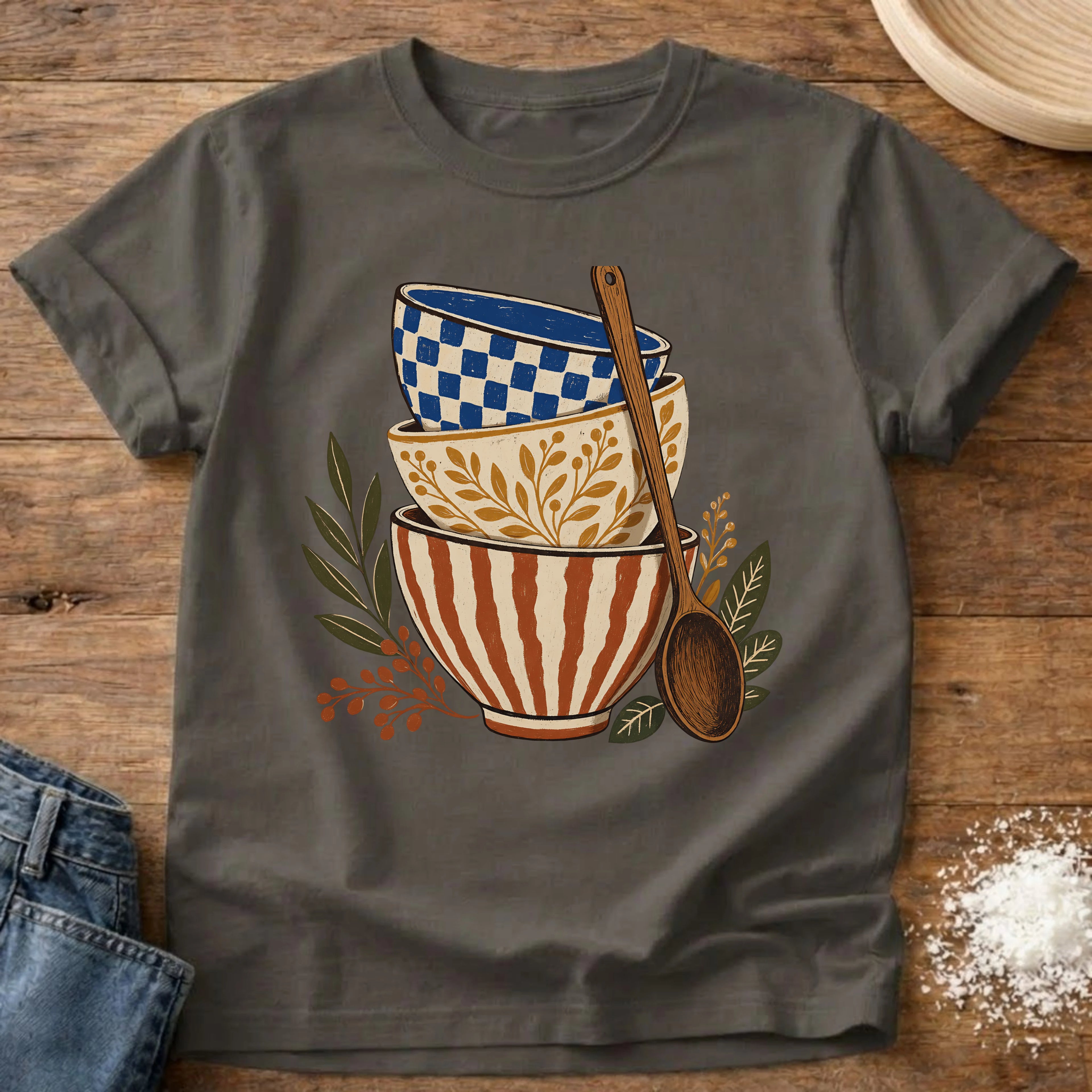 Knead More Fun folk art ceramic bowls kitchen t-shirt in Pepper