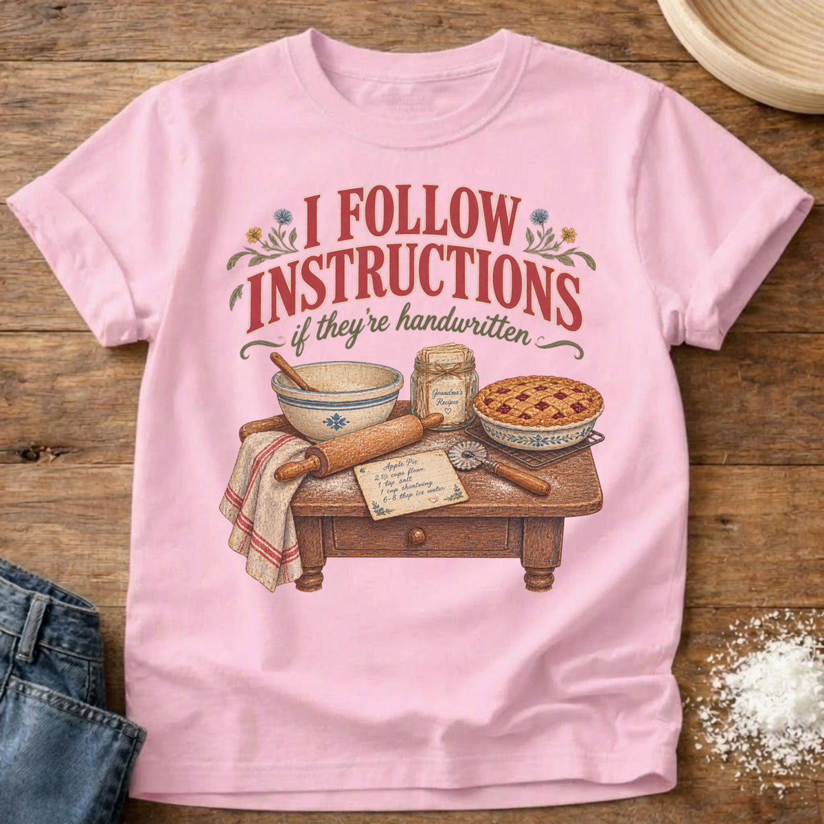 Knead More Fun Follow Handwritten Instructions graphic t-shirt in Blossom