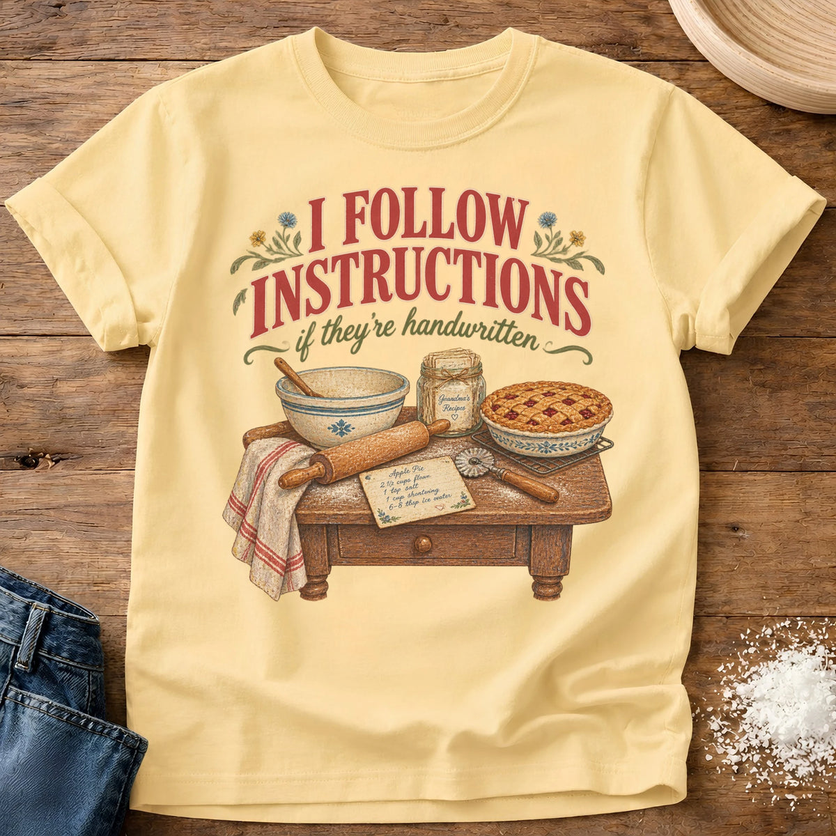 Knead More Fun Follow Handwritten Instructions graphic t-shirt in Butter