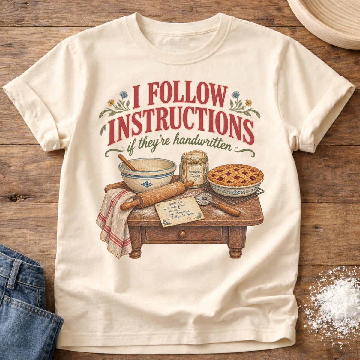 Knead More Fun Follow Handwritten Instructions graphic t-shirt in Ivory