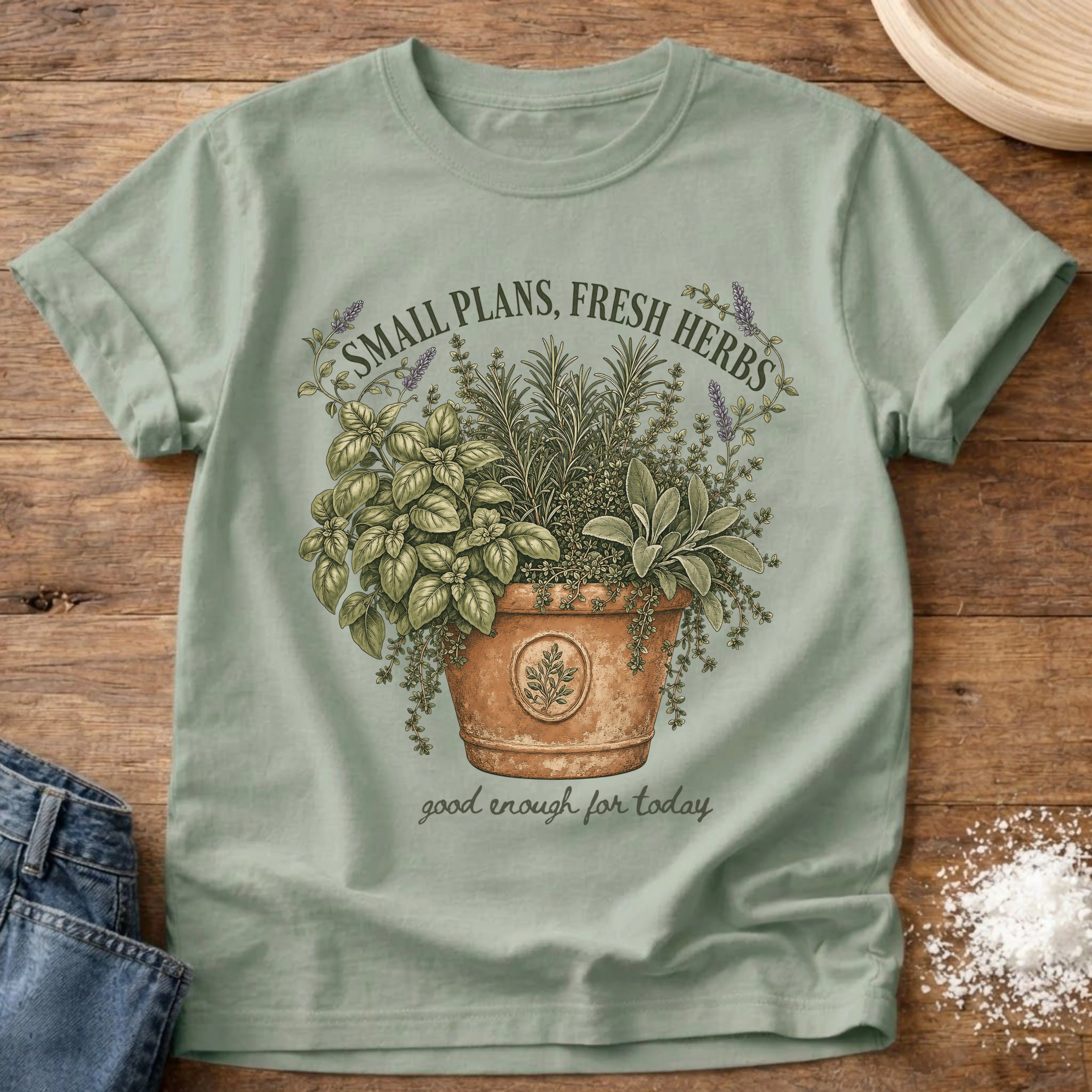 Knead More Fun Small Plans Fresh Herbs botanical t-shirt in Bay