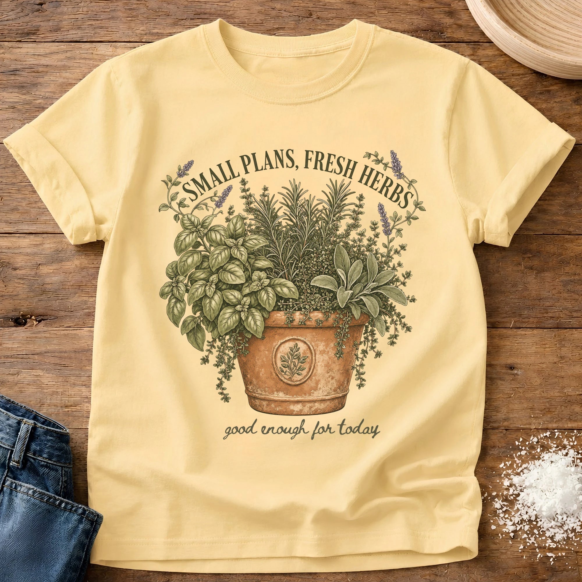 Knead More Fun Small Plans Fresh Herbs botanical t-shirt in Butter