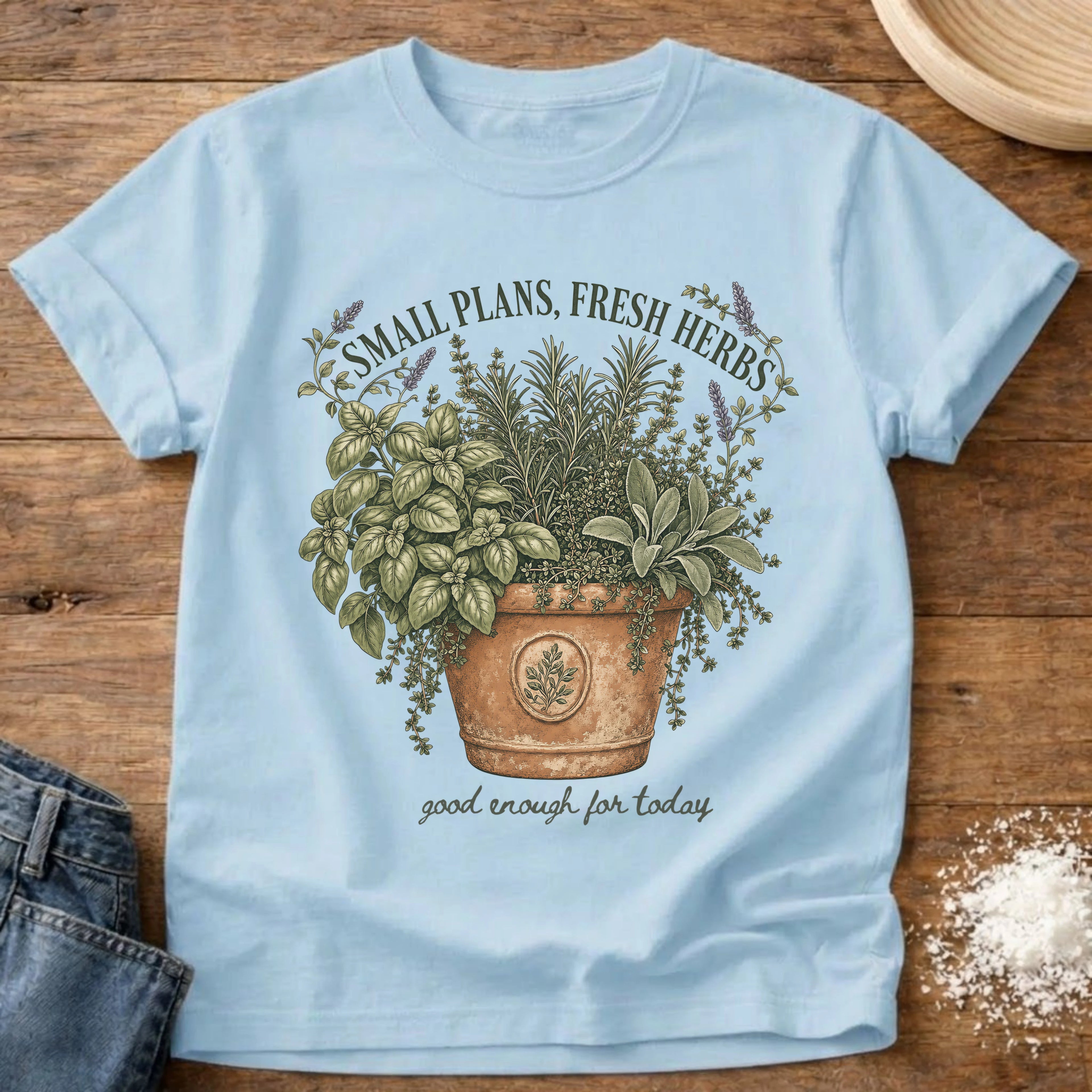 Knead More Fun Small Plans Fresh Herbs botanical t-shirt in Chambray