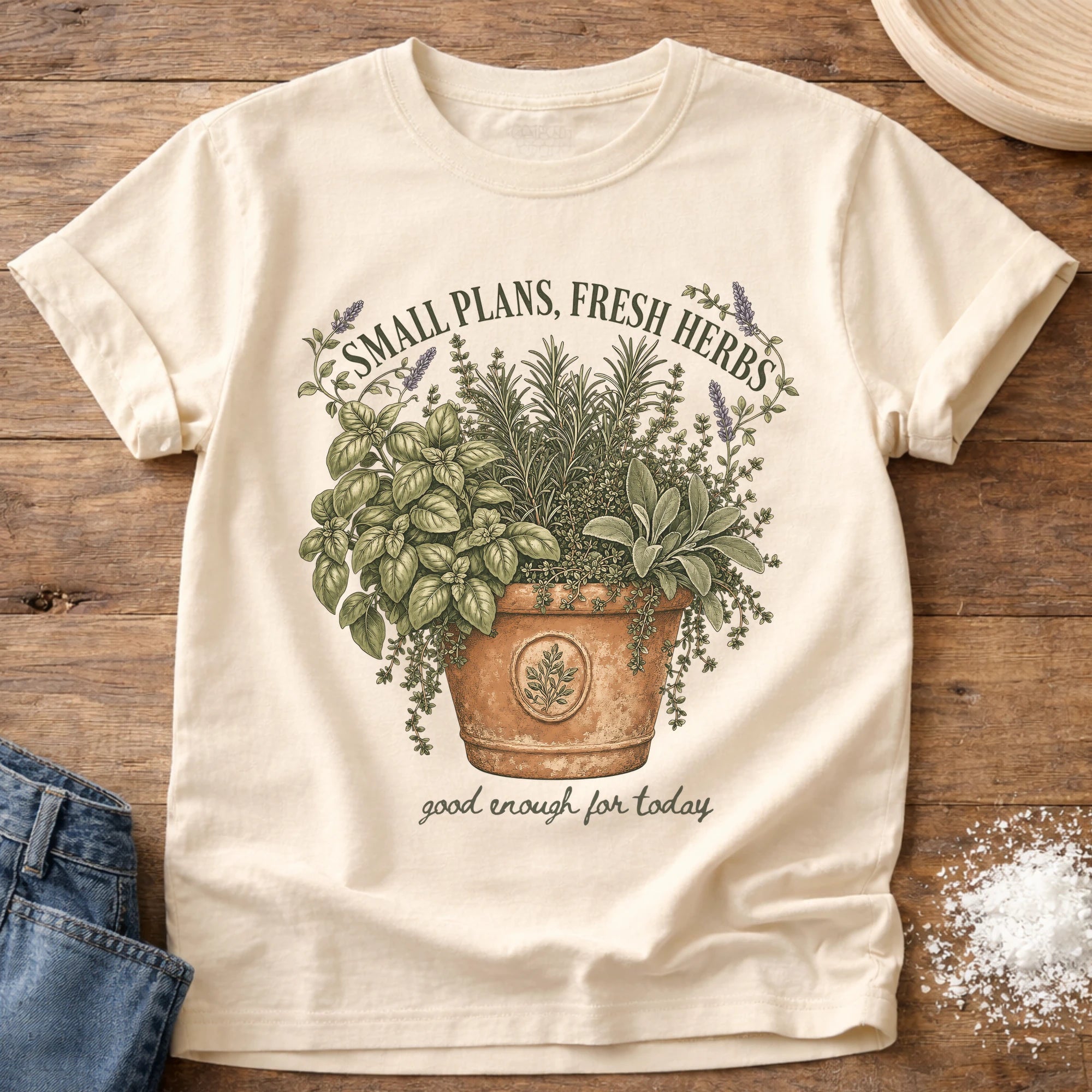 Knead More Fun Small Plans Fresh Herbs botanical t-shirt in Ivory