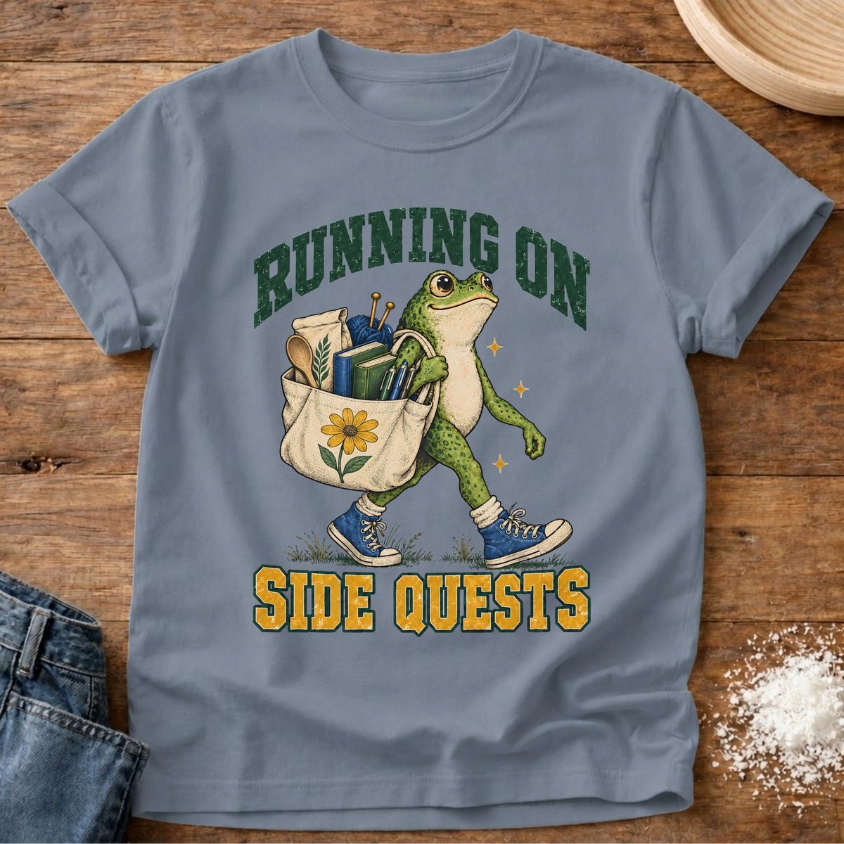 Knead More Fun Frog Mode Activated frog side quest t-shirt in Blue Jean