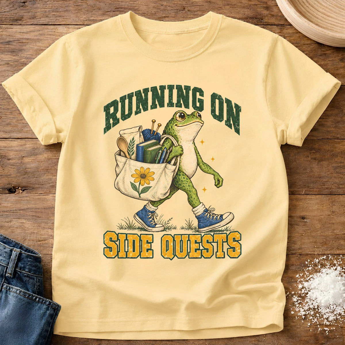 Knead More Fun Frog Mode Activated frog side quest t-shirt in Butter