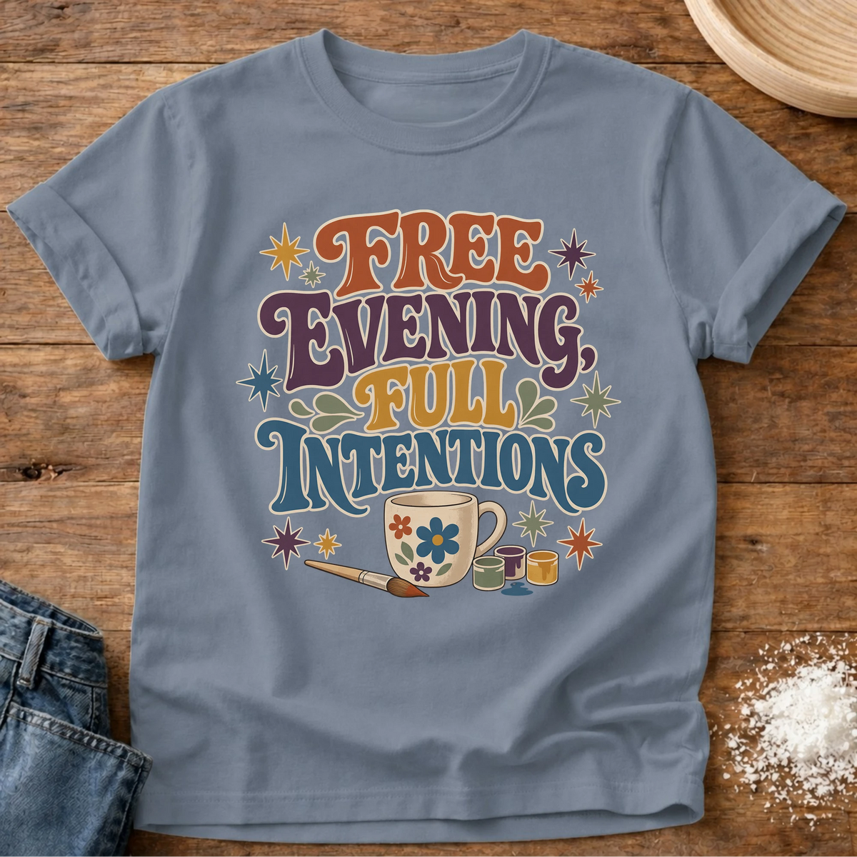 Knead More Fun Full Intentions homebody t-shirt in Blue Jean