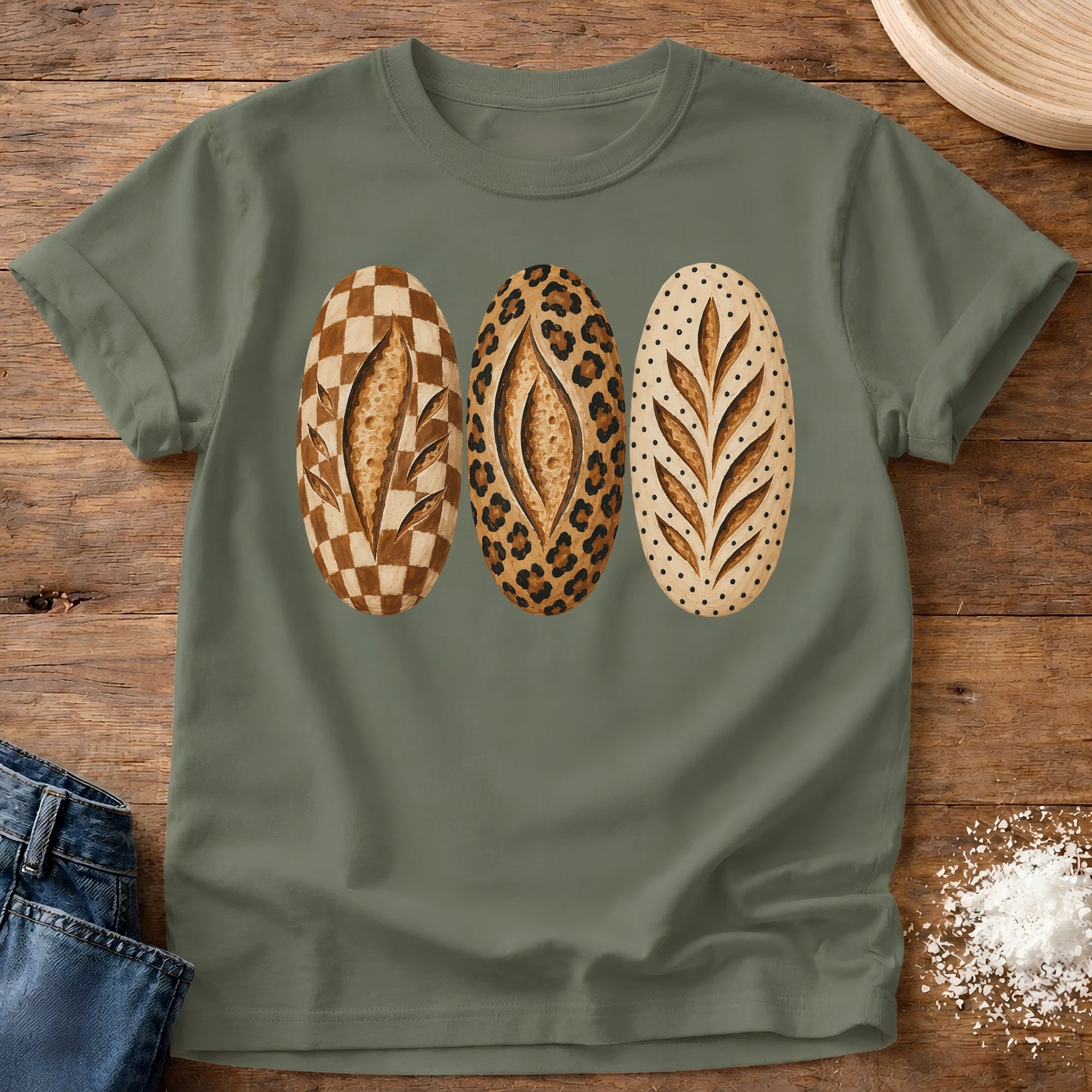 Knead More Fun Fun Fall Loaves sourdough t-shirt in Moss