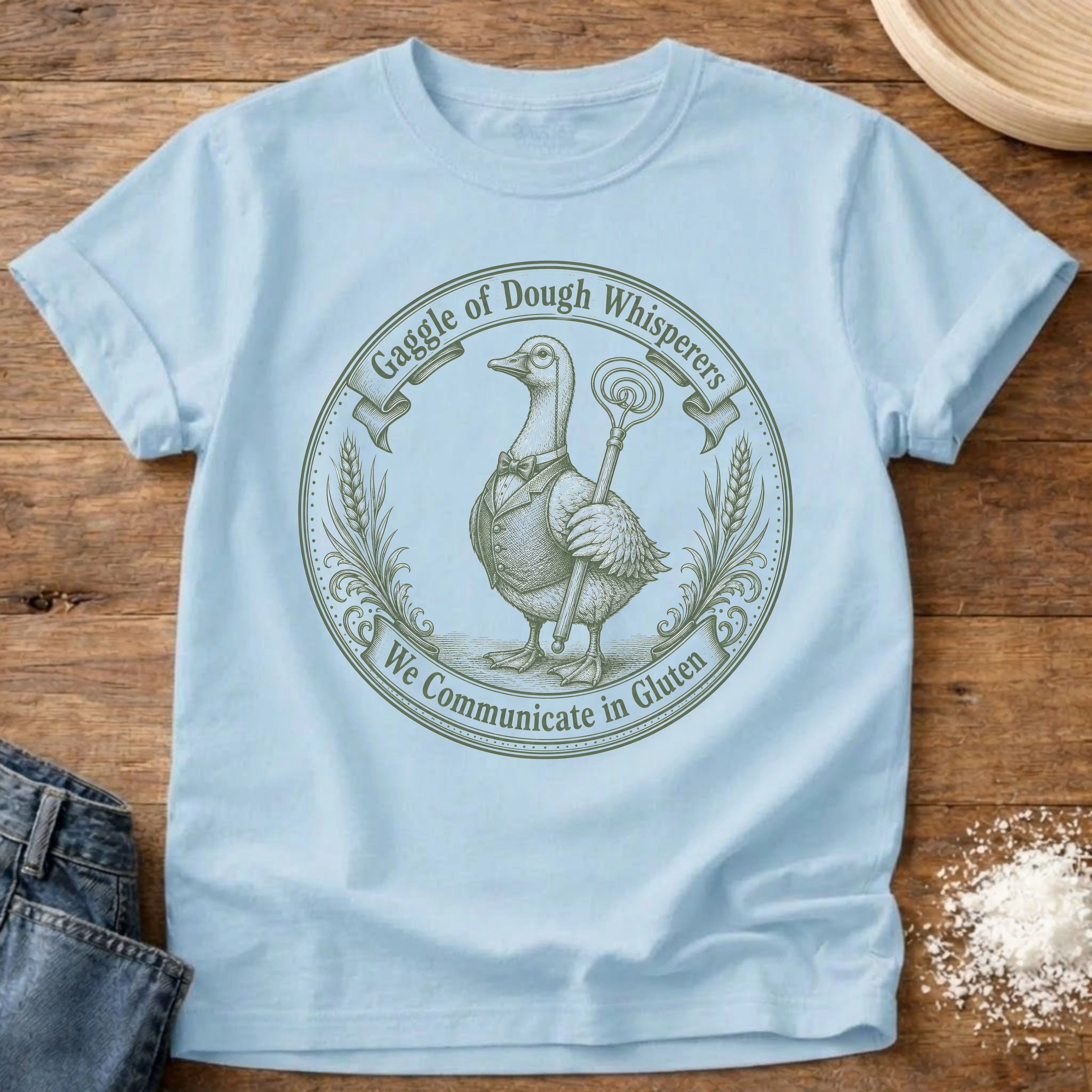 Knead More Fun Gaggle of Dough Whisperers Dark sourdough t-shirt in Chambray