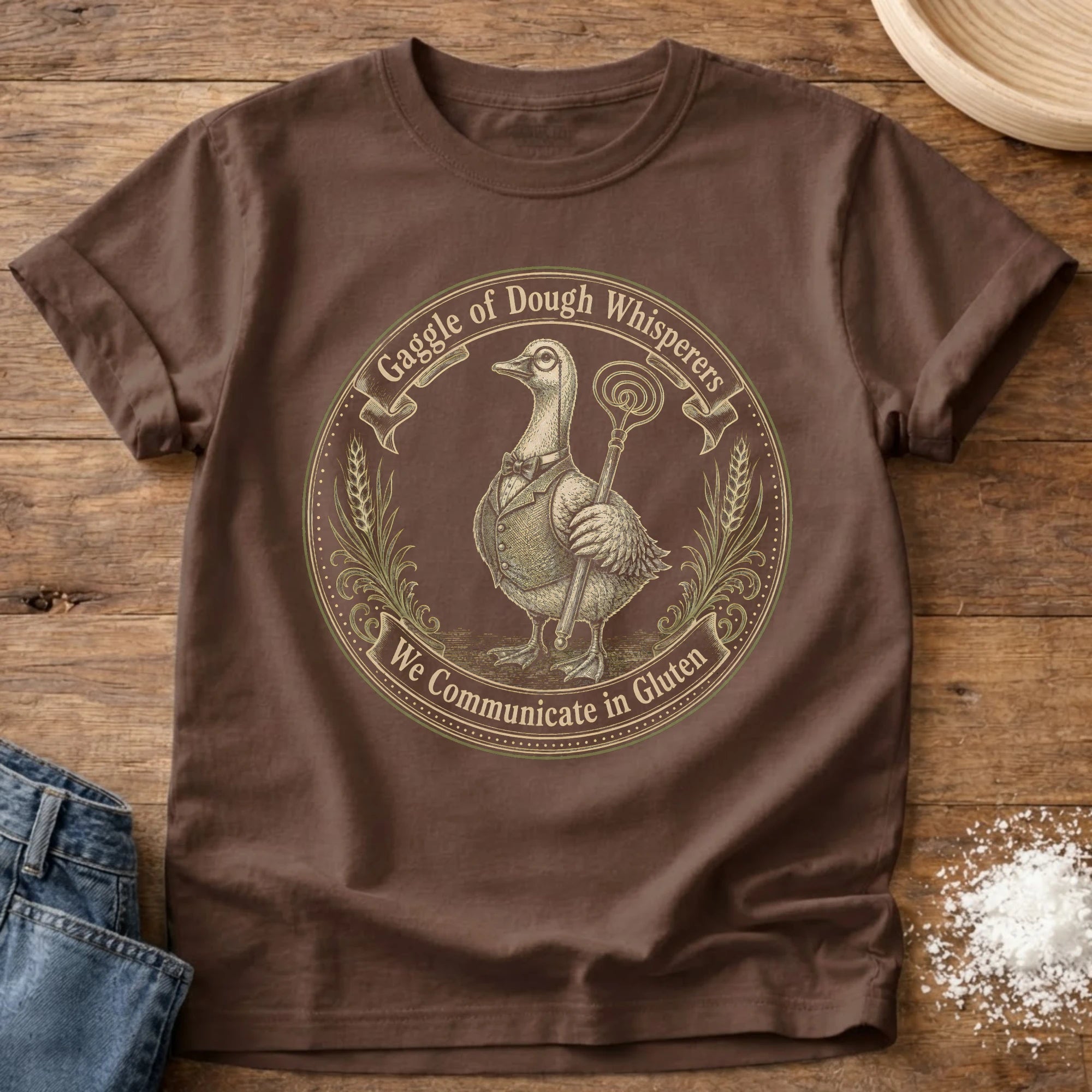 Knead More Fun Gaggle of Dough Whisperers Dark sourdough t-shirt in Espresso