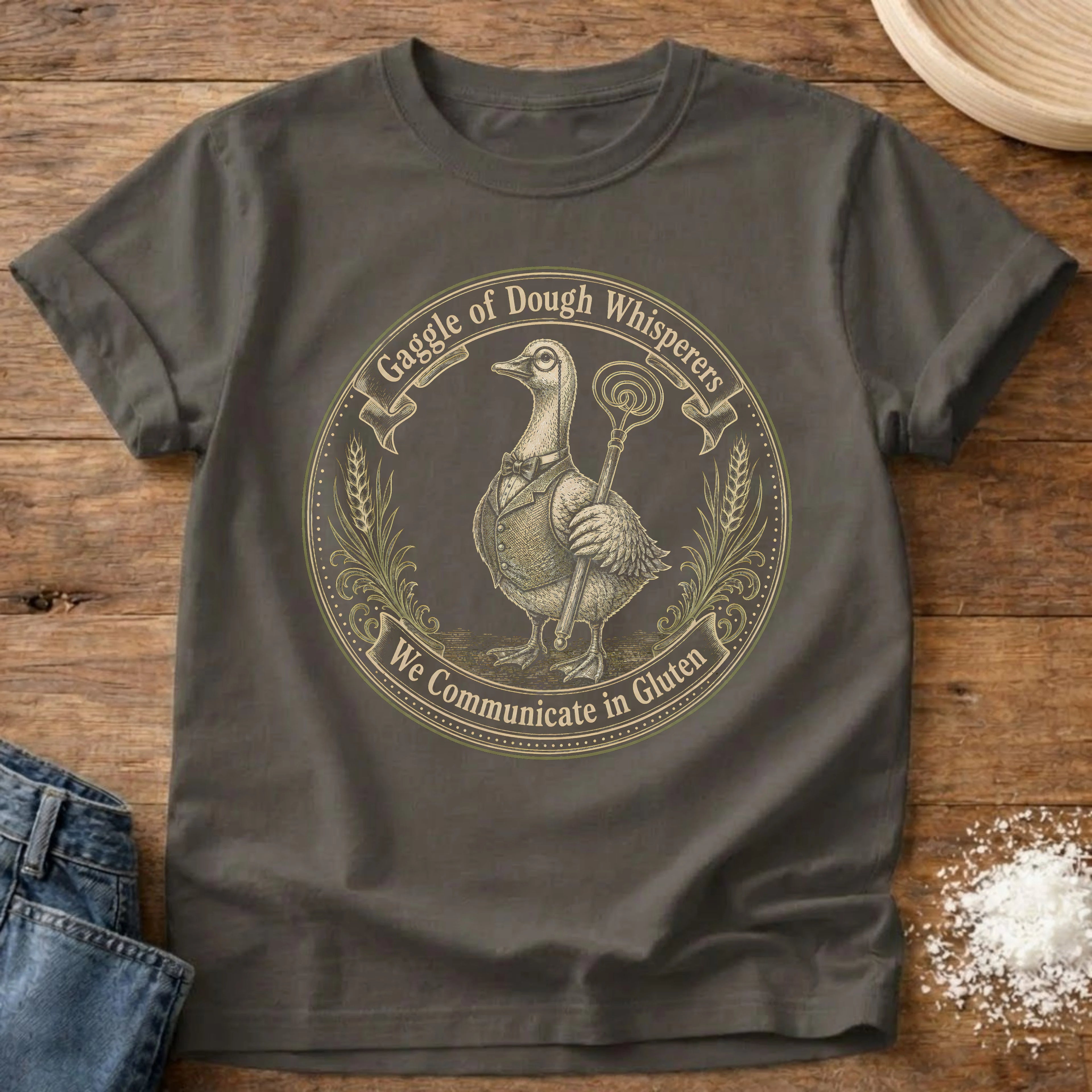 Knead More Fun Gaggle of Dough Whisperers Dark sourdough t-shirt in Pepper