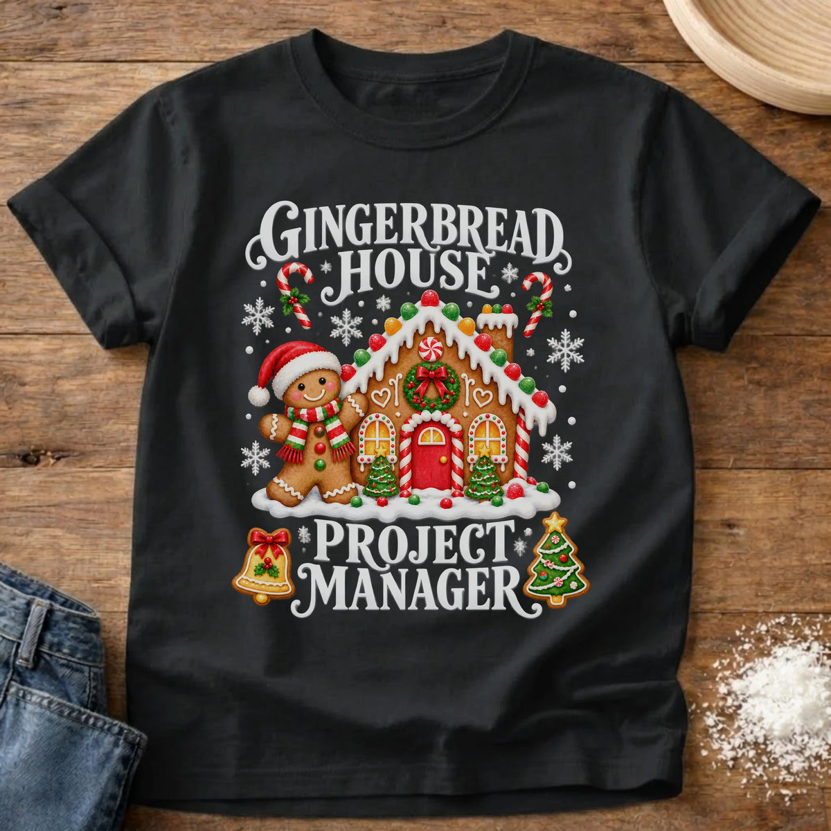 Knead More Fun Gingerbread Manager gingerbread house t-shirt in Black