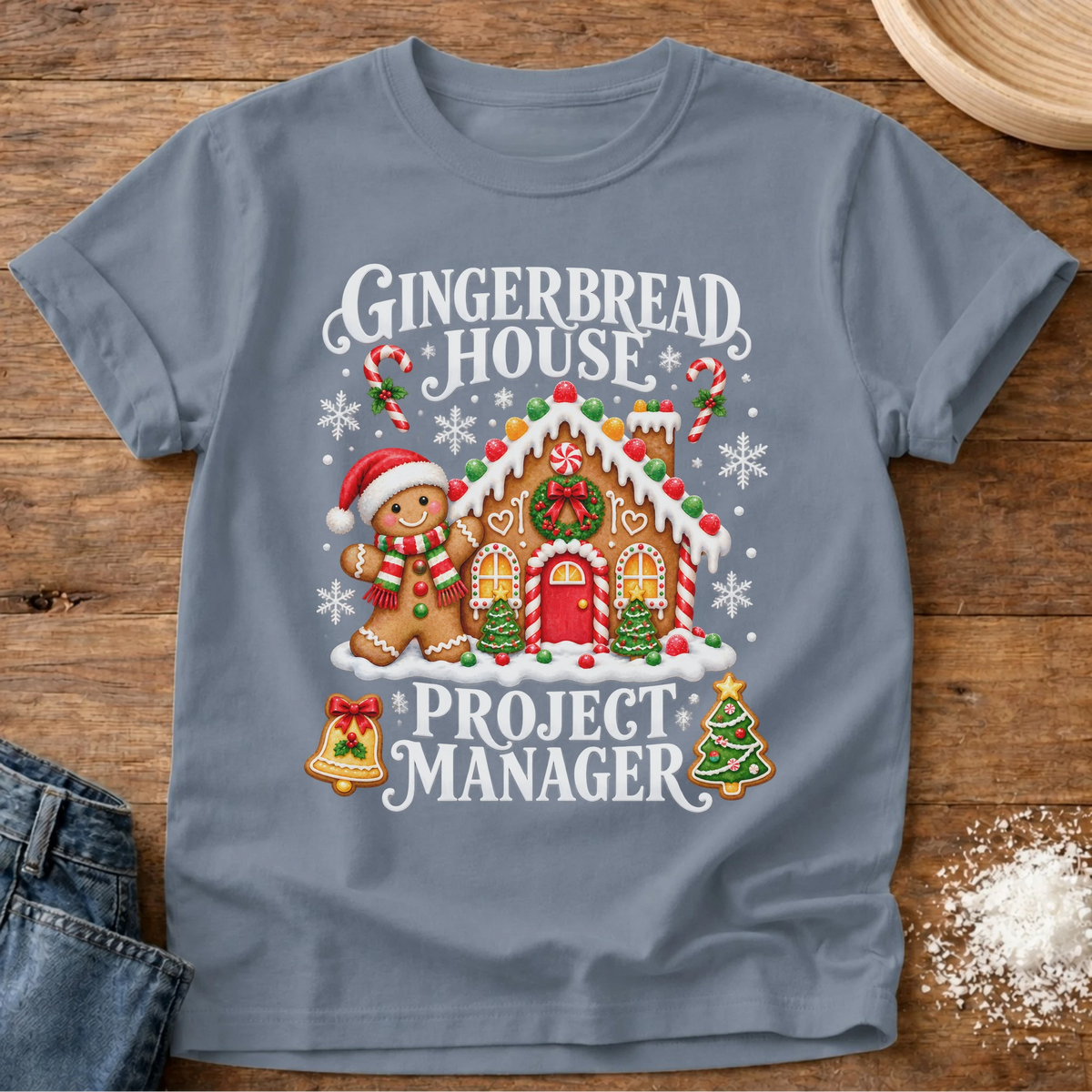 Knead More Fun Gingerbread Manager gingerbread house t-shirt in Blue Jean