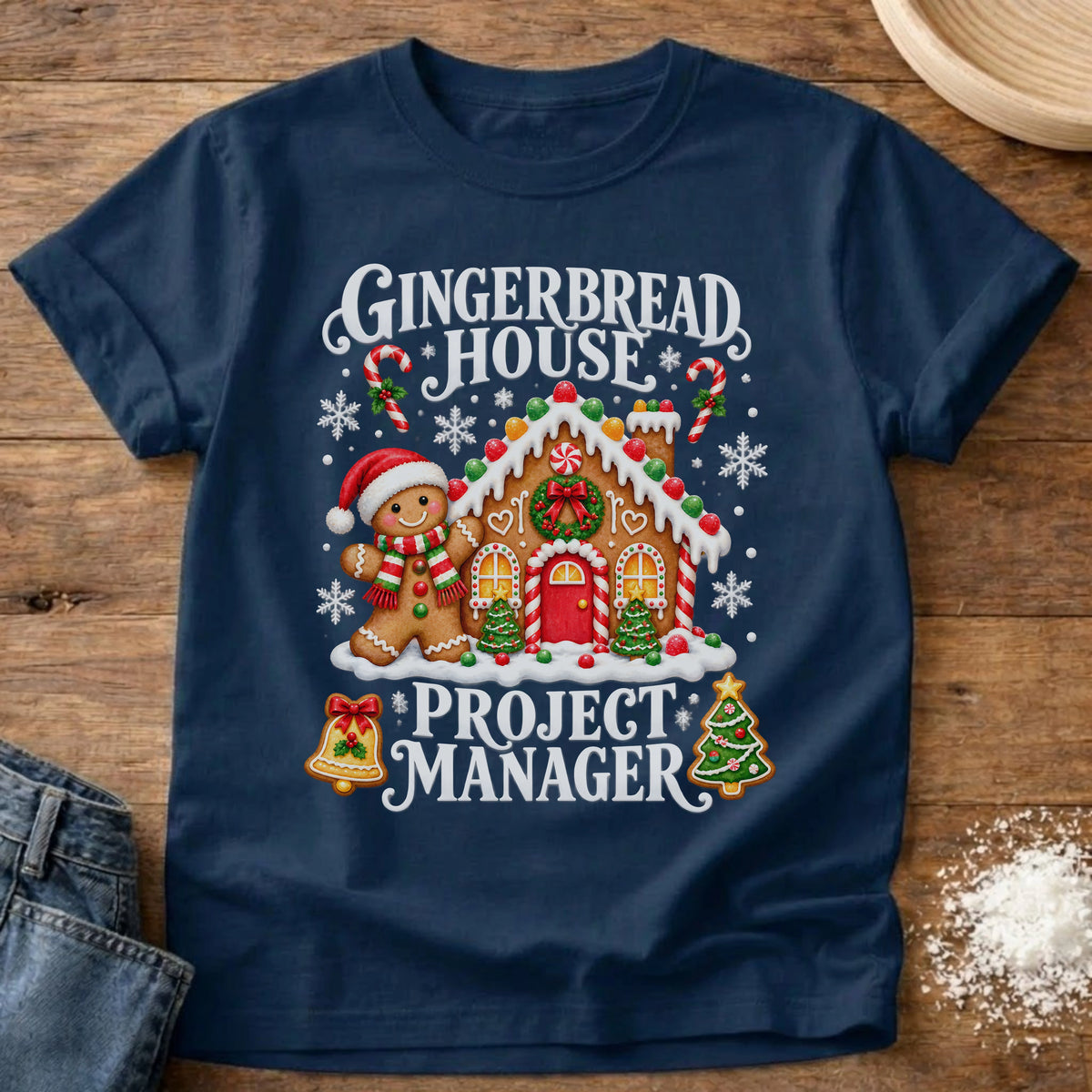Knead More Fun Gingerbread Manager gingerbread house t-shirt in Navy
