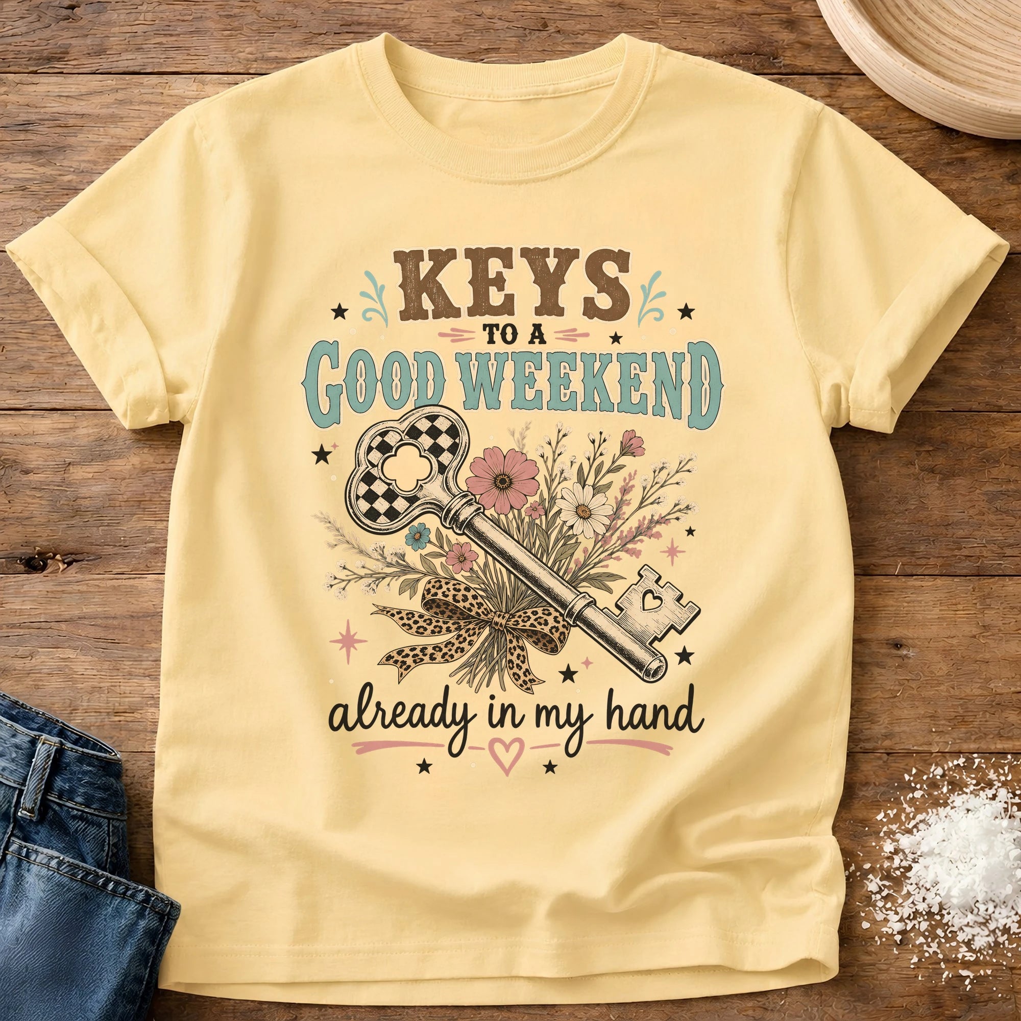 Knead More Fun Good Weekend boho key homebody t-shirt in Butter