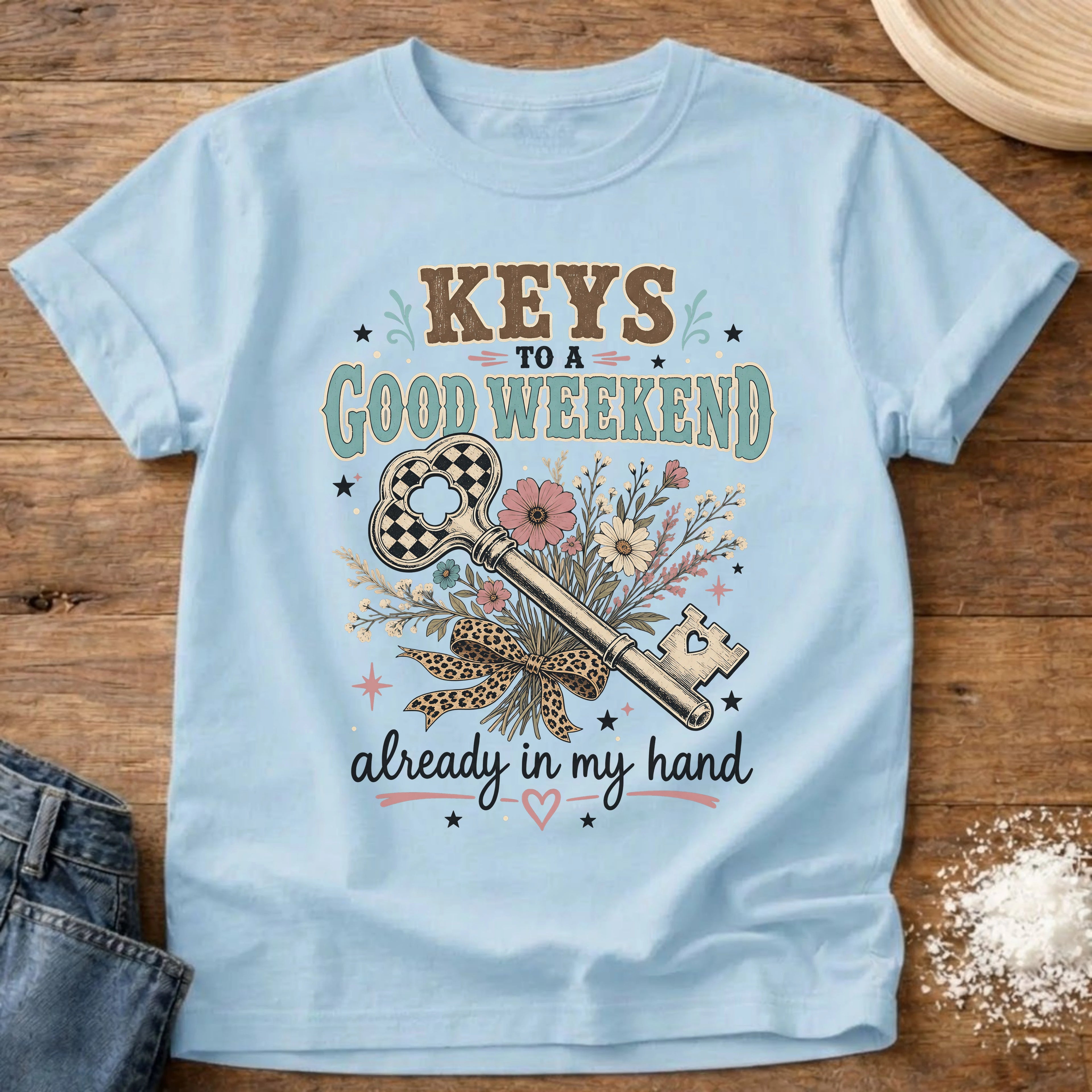 Knead More Fun Good Weekend boho key homebody t-shirt in Chambray