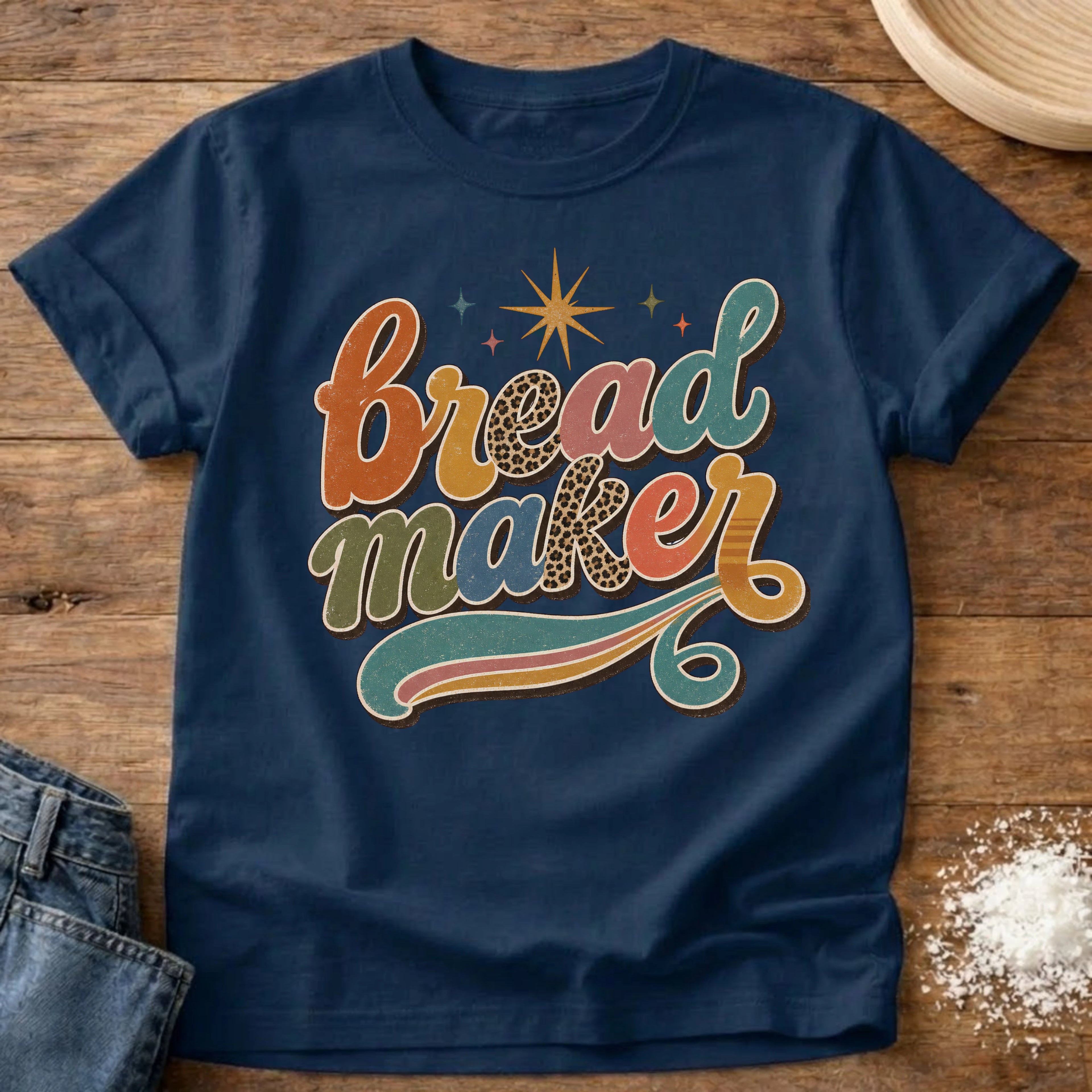 Knead More Fun Groovy Bread Maker sourdough t-shirt in Navy
