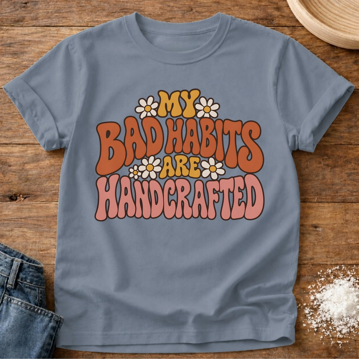 Knead More Fun Handcrafted Bad Habits t-shirt in Blue Jean