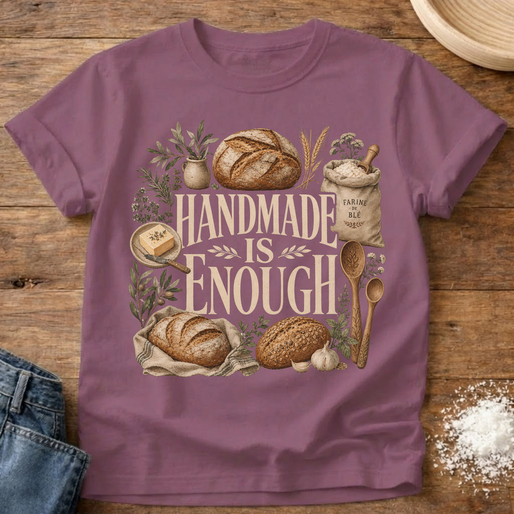 Knead More Fun Handmade is Enough sourdough t-shirt in Berry