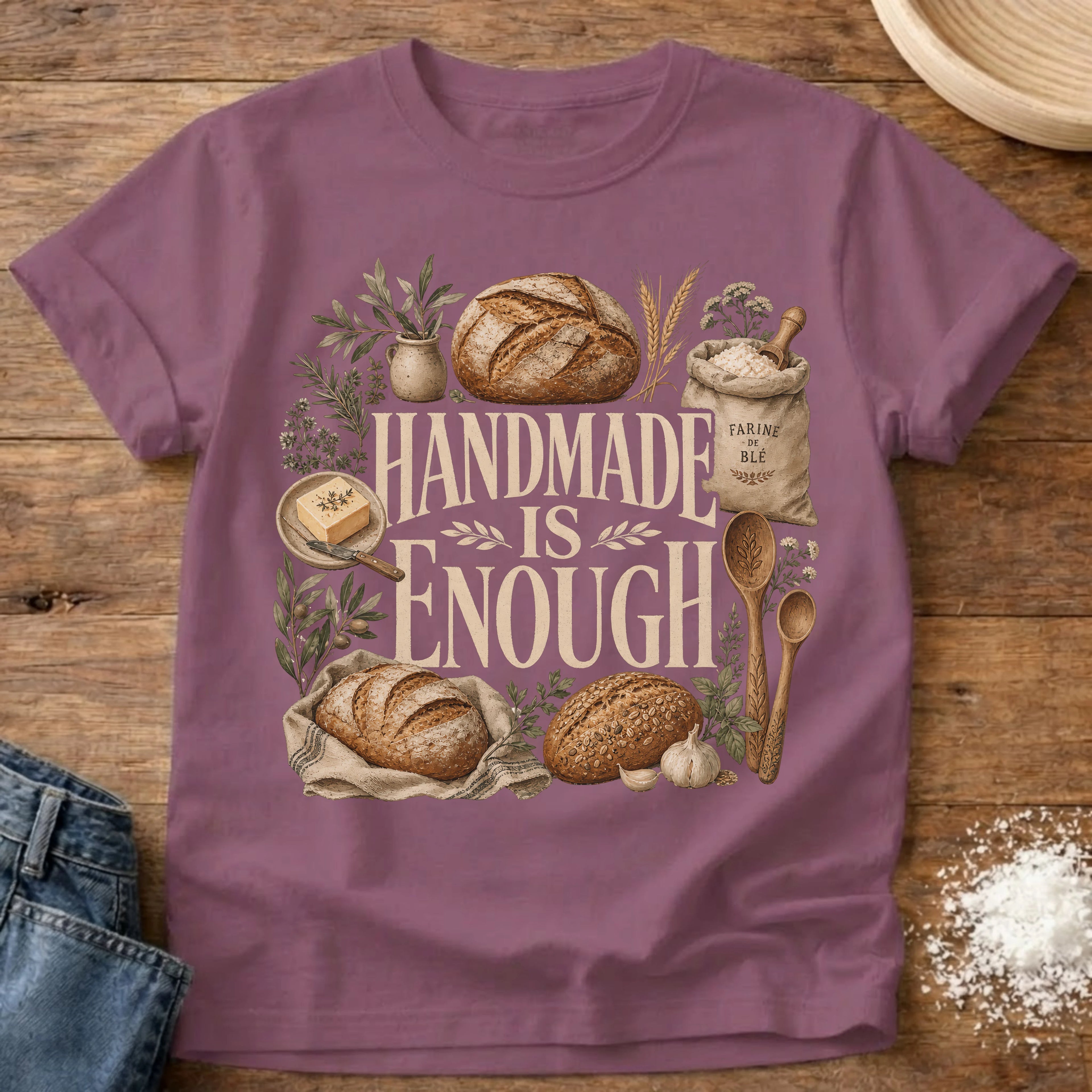 Knead More Fun Handmade is Enough sourdough t-shirt in Berry