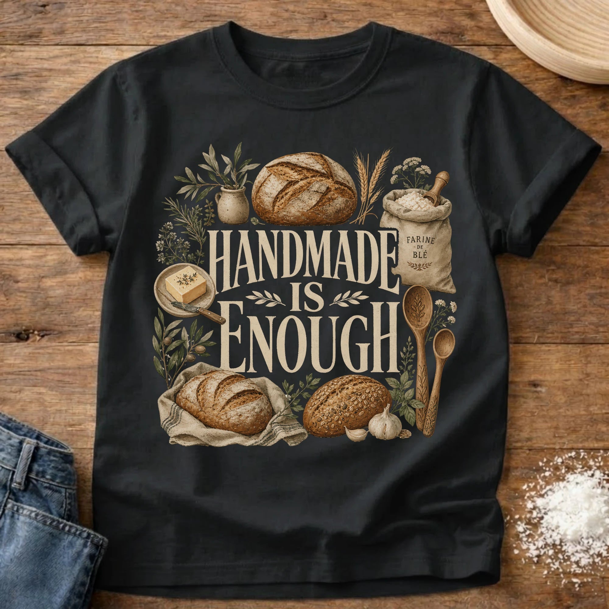 Knead More Fun Handmade is Enough sourdough t-shirt in Black
